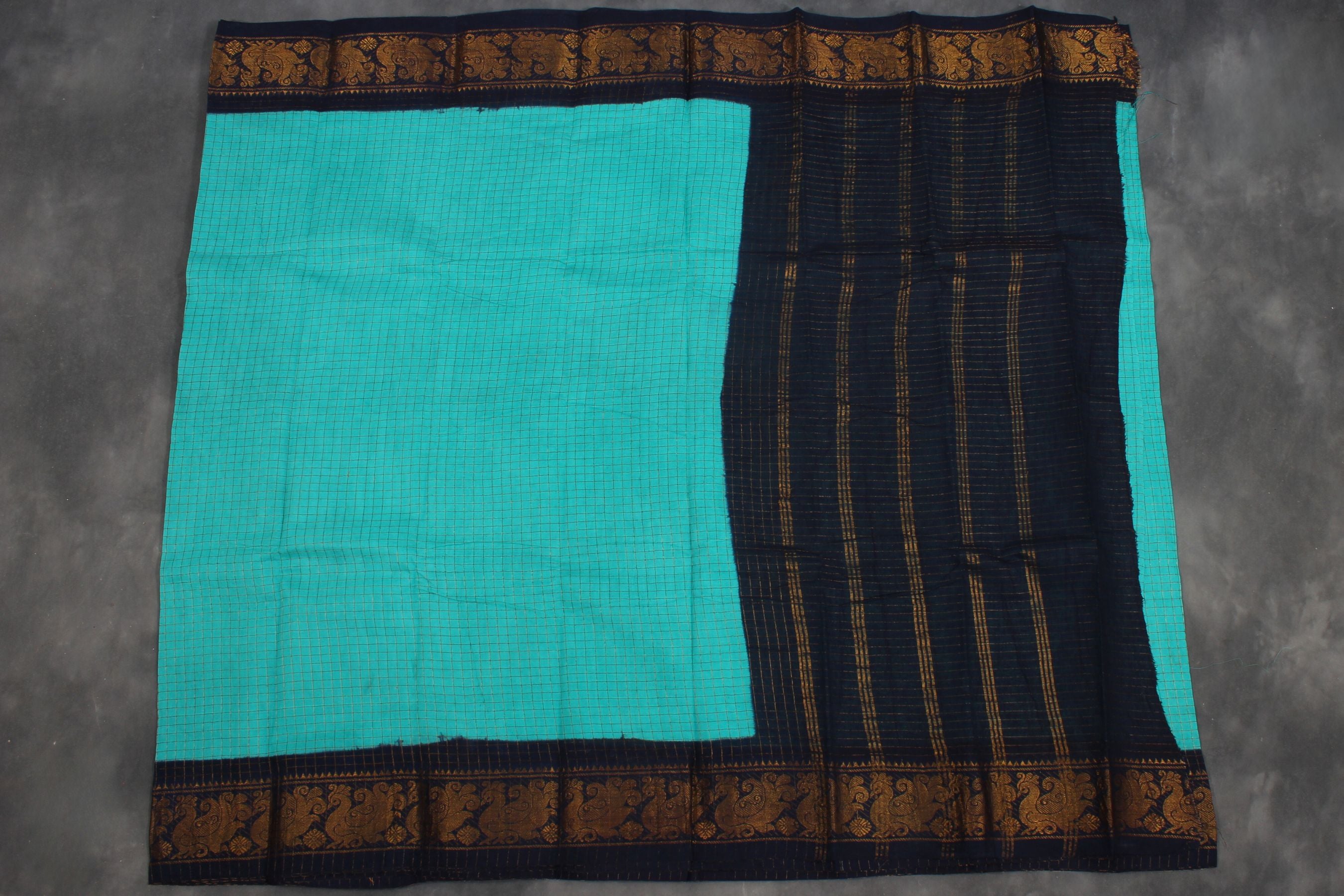 Madurai Sungudi Cotton Saree with Golden Checks and Zari Border