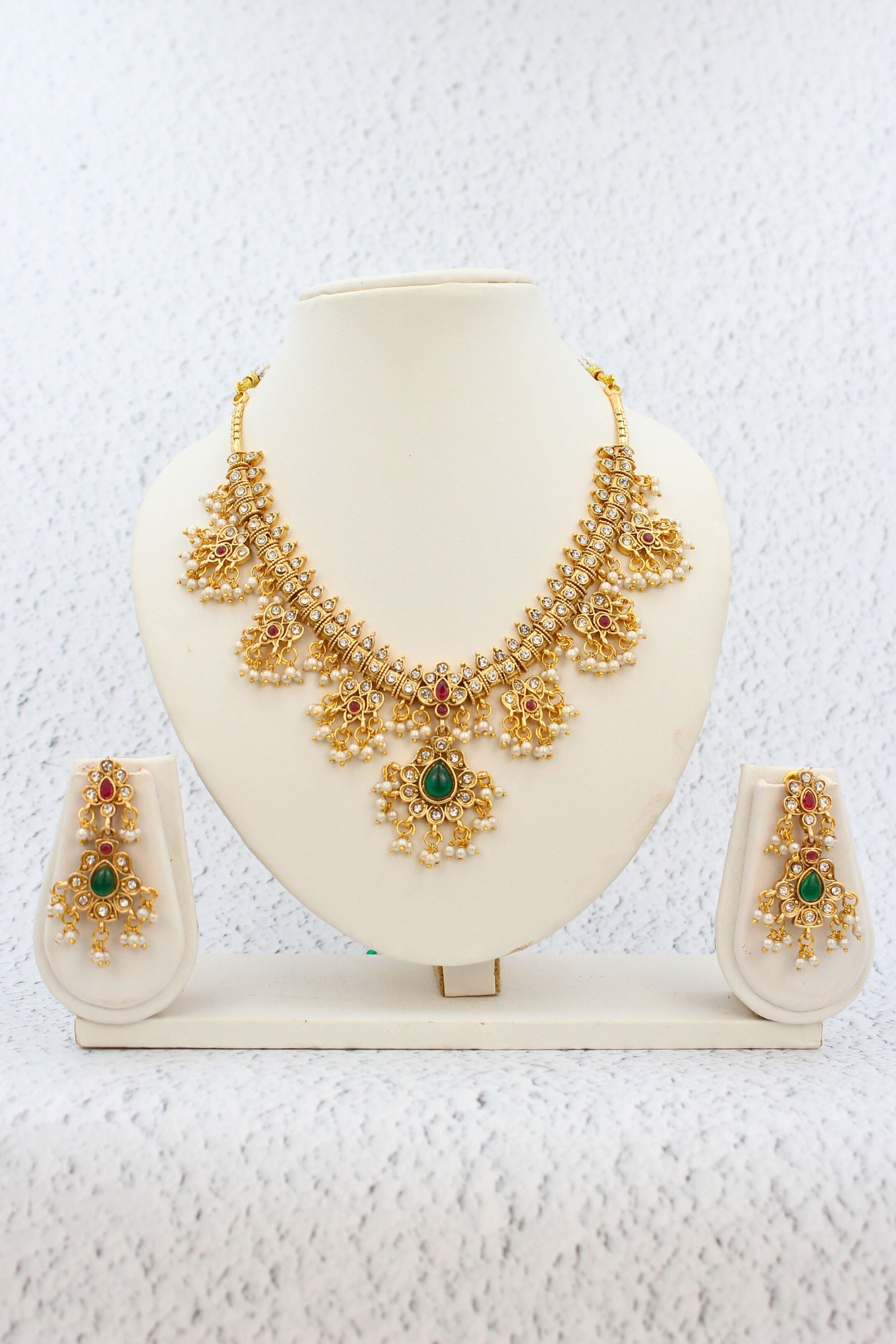 Short Guttapusalu Set with Cubic Zirconia - Gold-Plated Alloy Jewelry