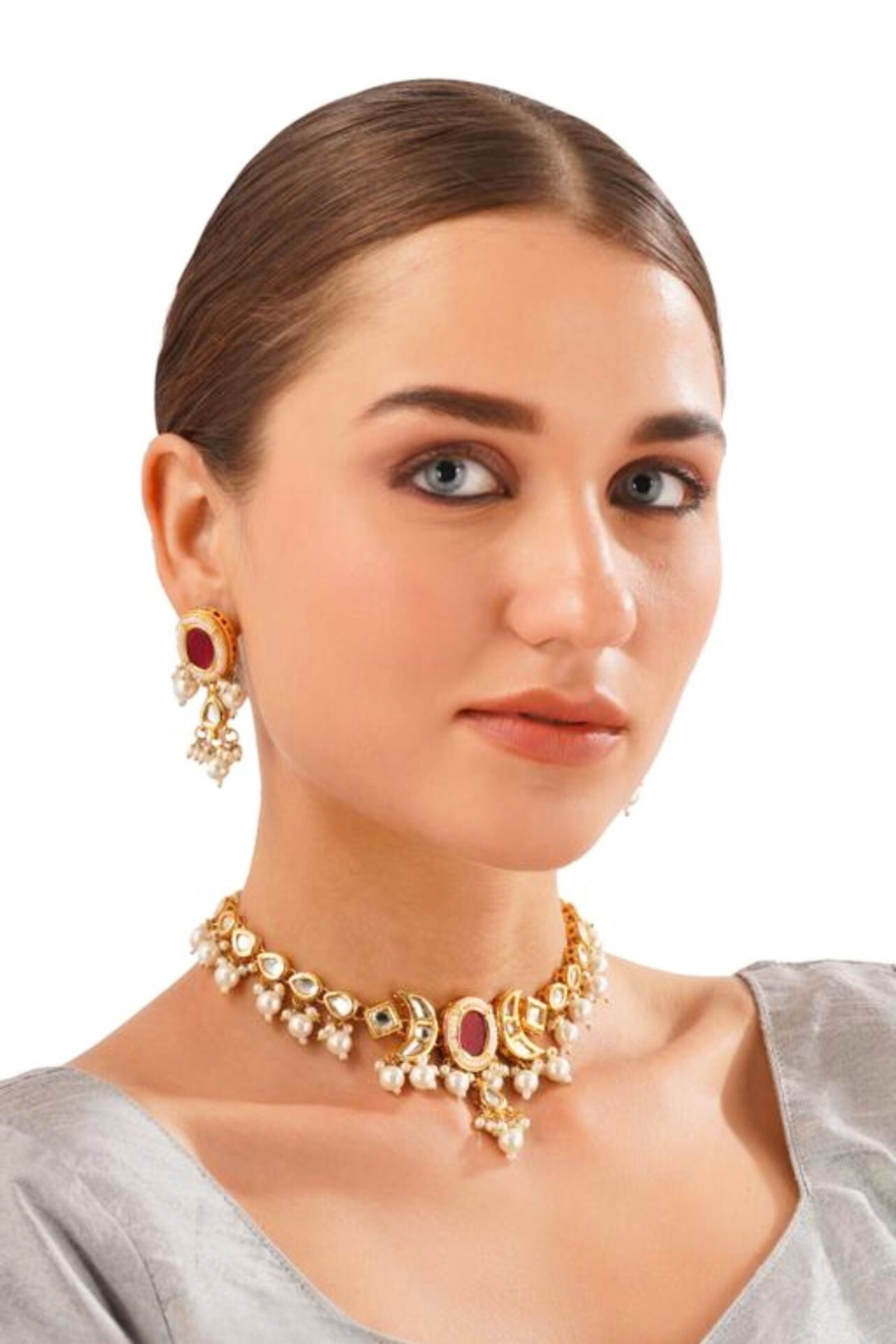 Kundan Fashion Double-Side Necklace Set - Pearls & Red Stone Elegance