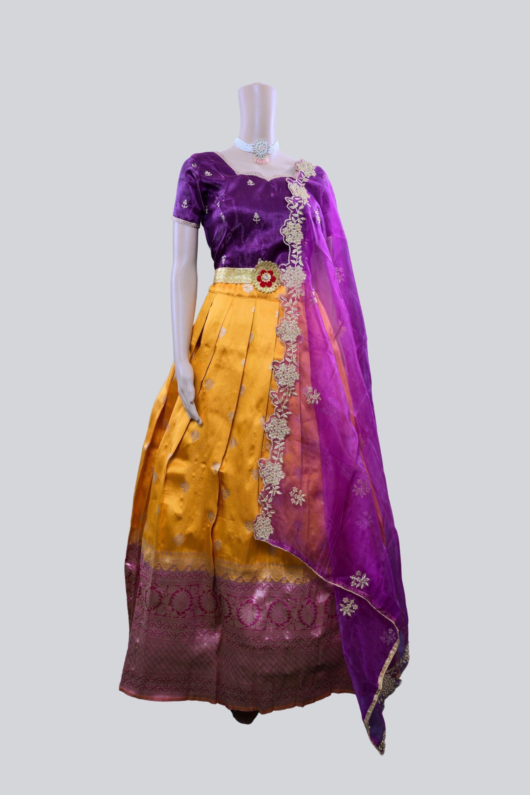 Luxurious Pure Kanchipuram Silk Lehenga With Zari Border and Dupatta LEHENGA JCS Fashions Yellow & Purple 38