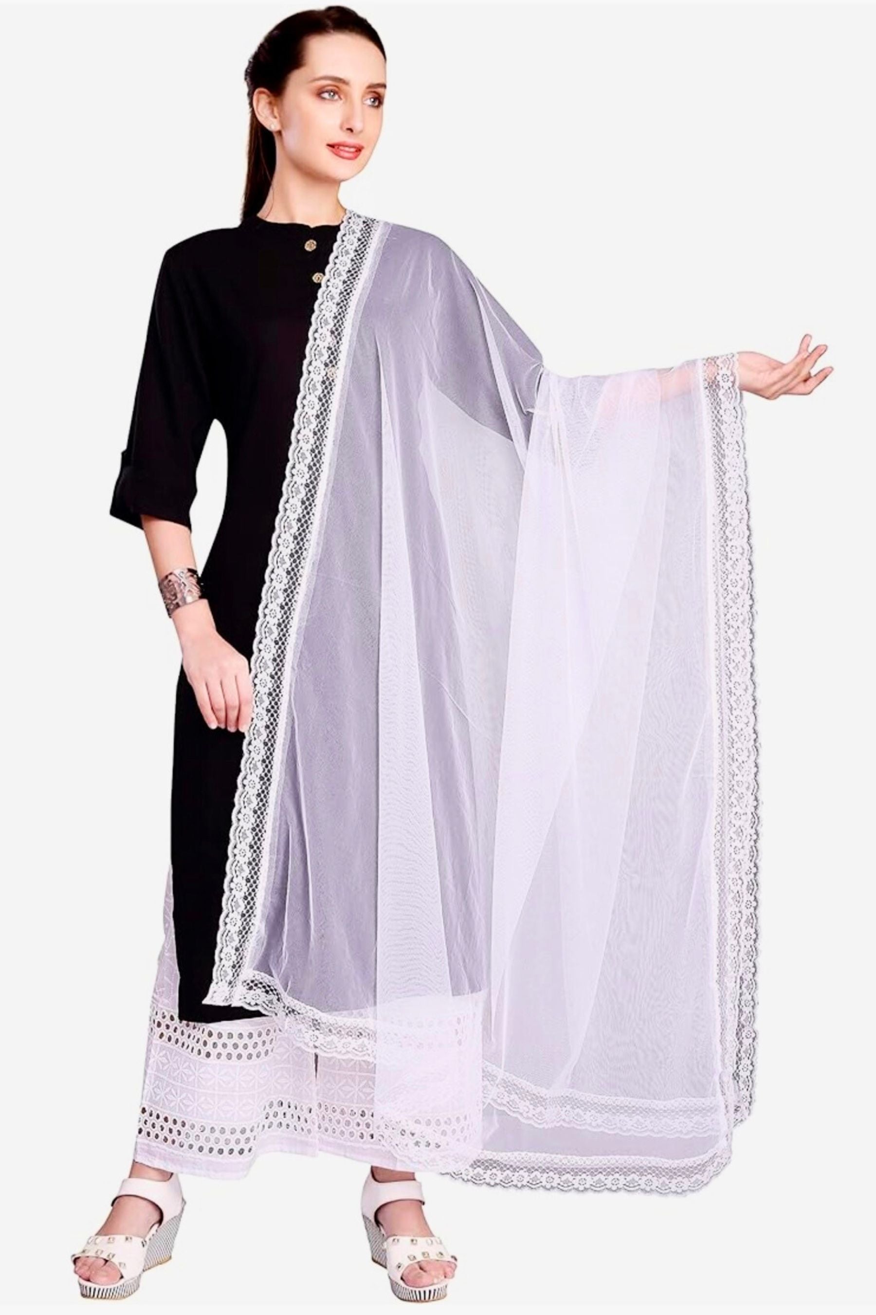 Chic White Chiffon Dupatta with Lace Border - Ideal for Every Occasion