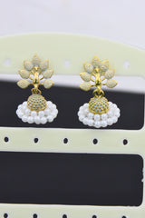 Gold-Plated Oxidised Jhumka Earrings with Faux Pearls & Meenakari Accent