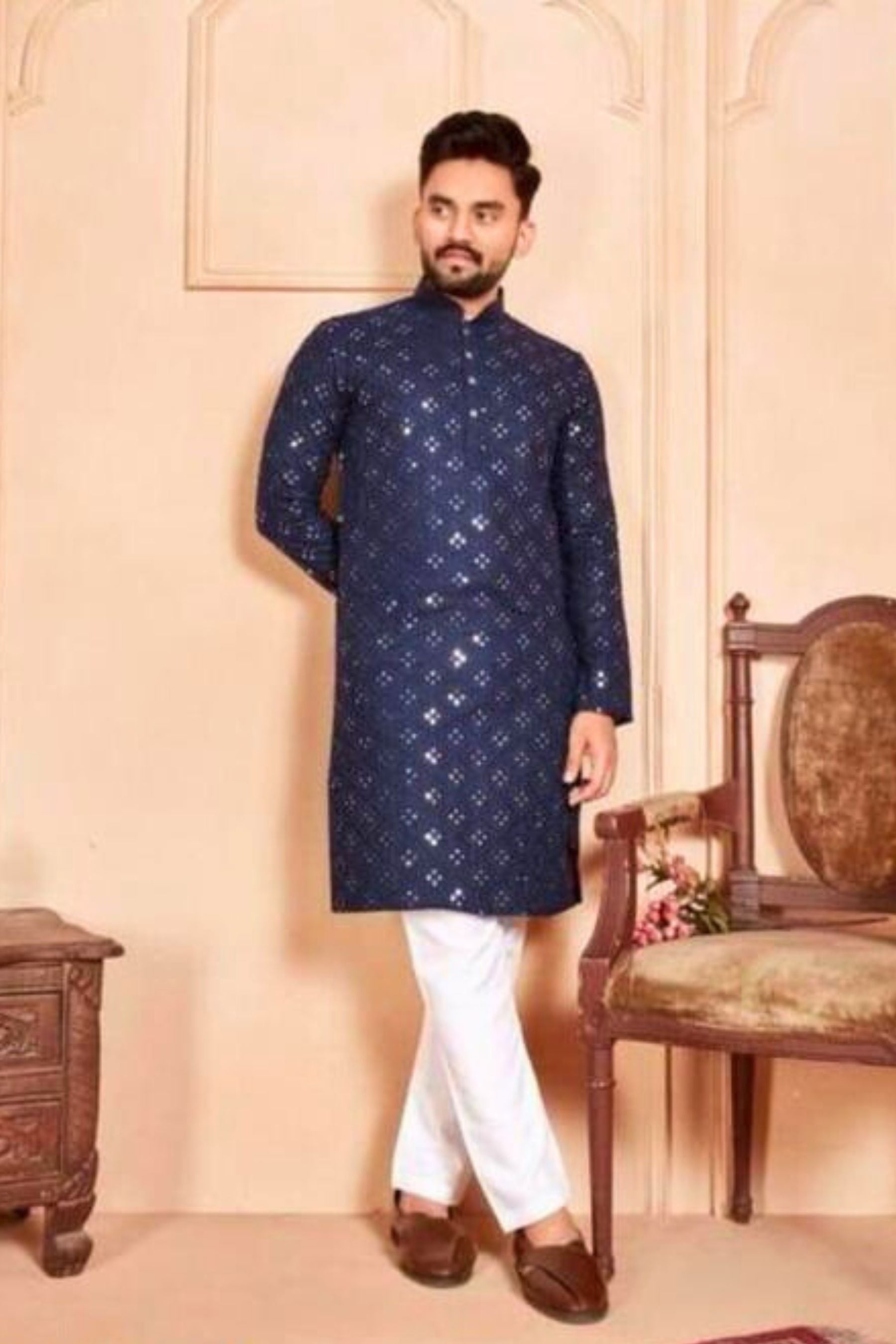 Festive Mirror-Embroidered Cotton Kurta Pajama Set - Stylish Comfort