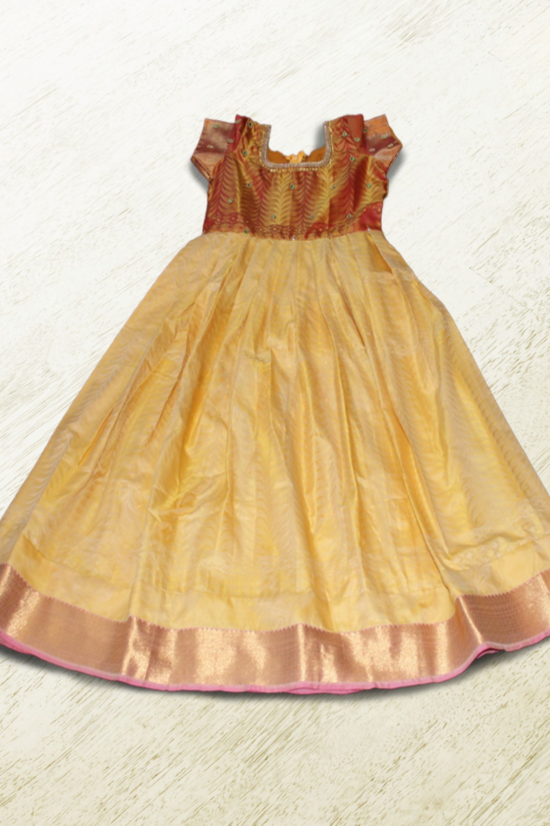 Golden Elegance: Indian Silk Frock for Girls – Stylish and Timeless Frock JCS Fashions