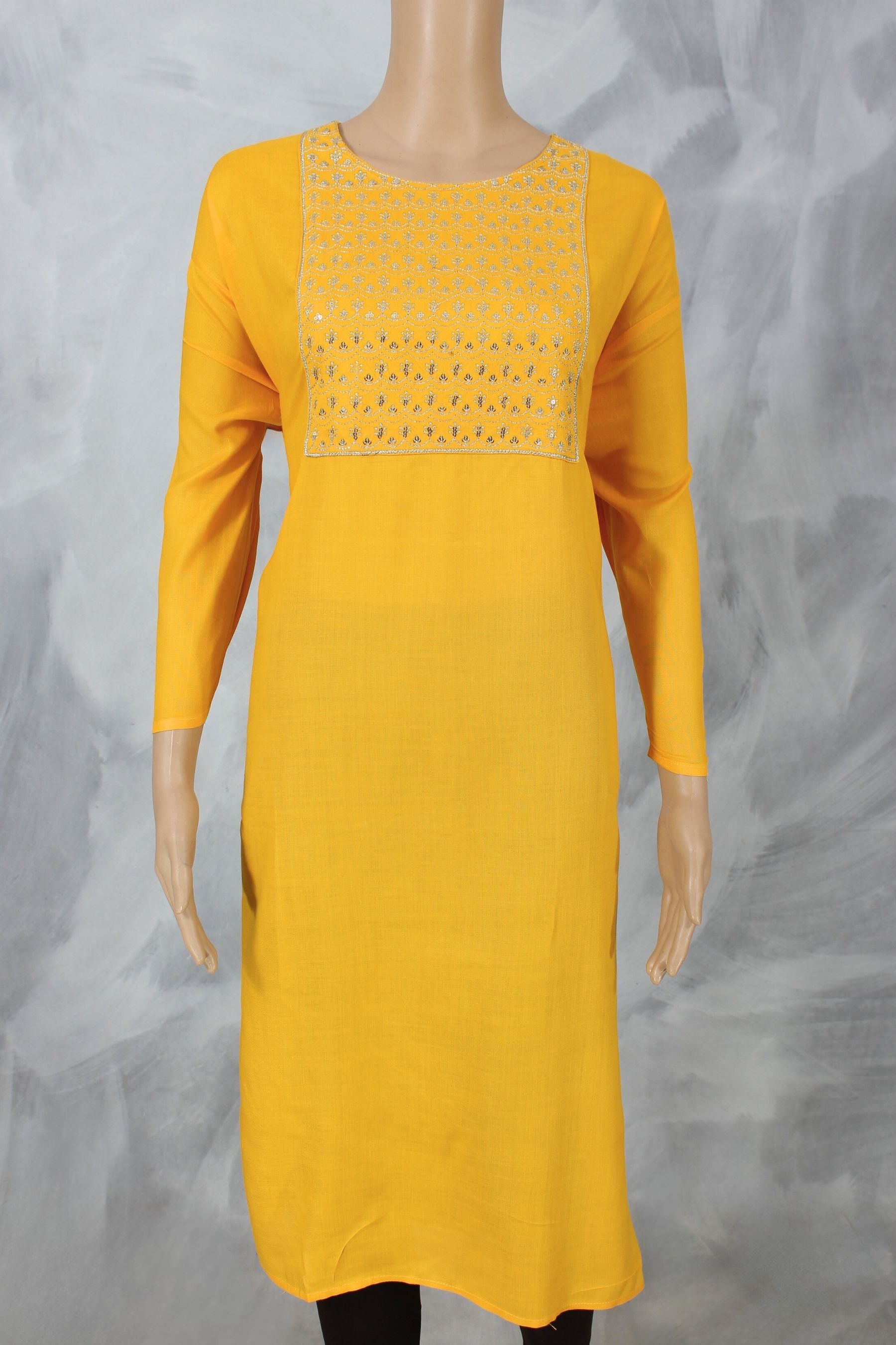 Zari Embroidered Elegance: JCSFashions' Handcrafted Cotton Kurti KURTI JCS Fashions Yellow 6X-Large (52)