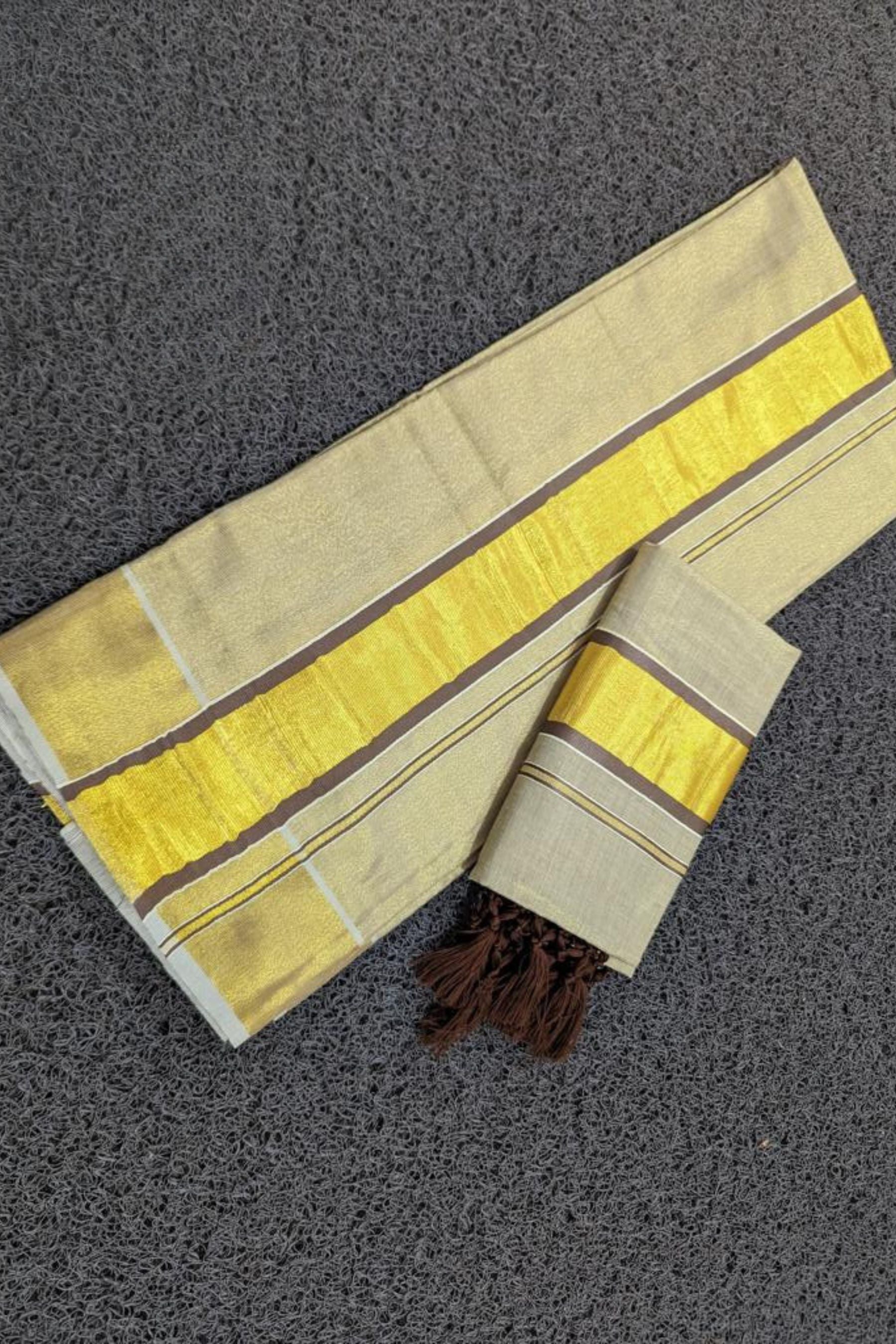 Chic Saree Vishu Collection: Color Tissue Set Mundu with Tassel Detailing Saree JCS Fashions Coffee 2.8*2 mtrs