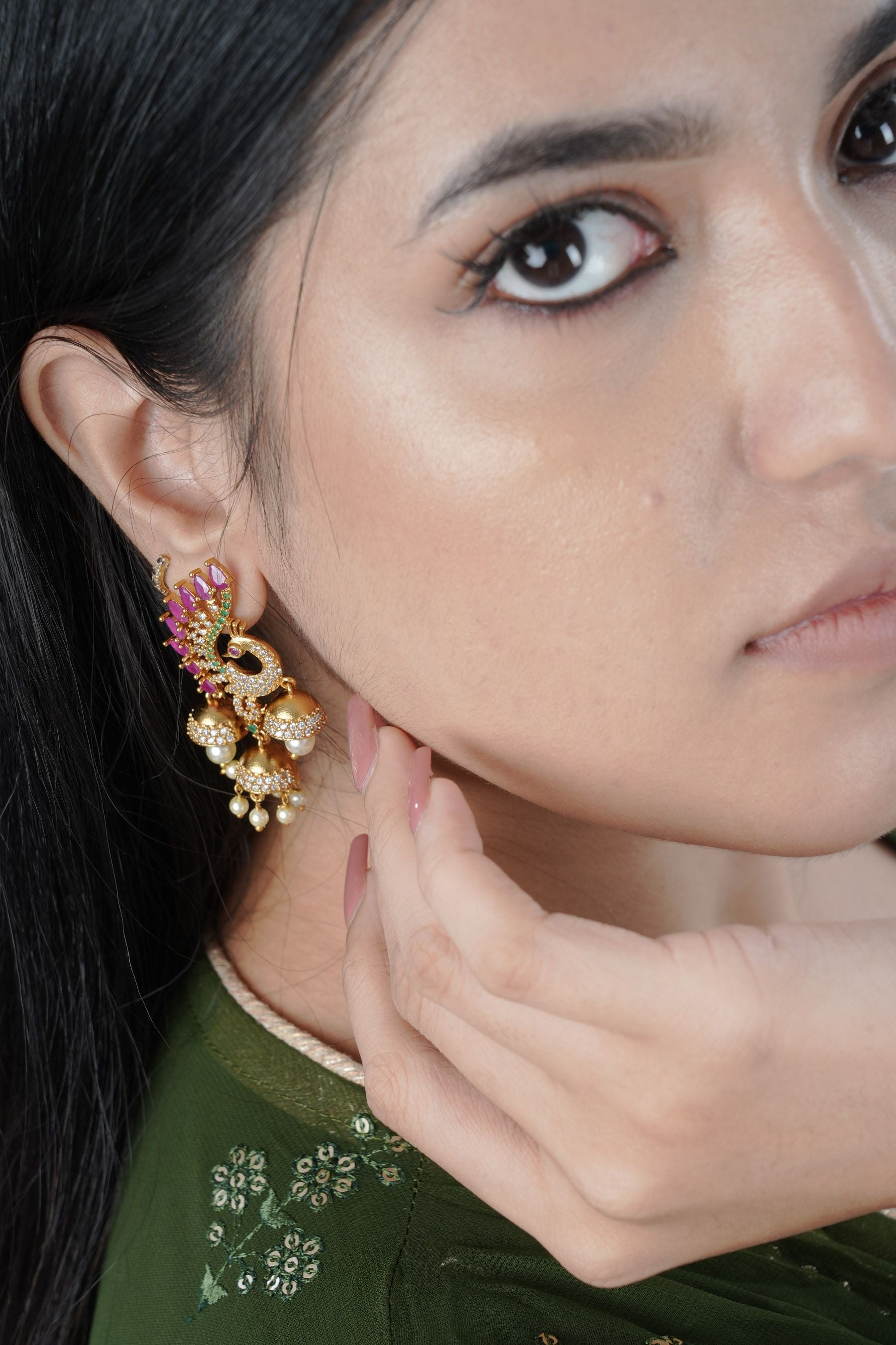 Traditional Peacock Jhumka Earrings with Sparkling Pink & White Stones Jewelry JCS Fashions