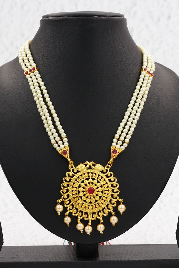 Gold-Plated Tanmani Jewelry Set with Lustrous Pearls by JCSFashions