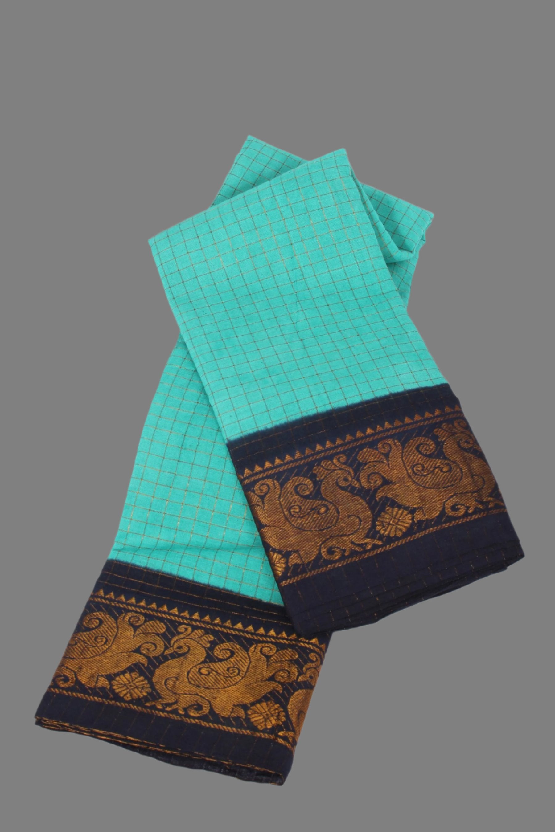 Madurai Sungudi Cotton Saree with Golden Checks and Zari Border