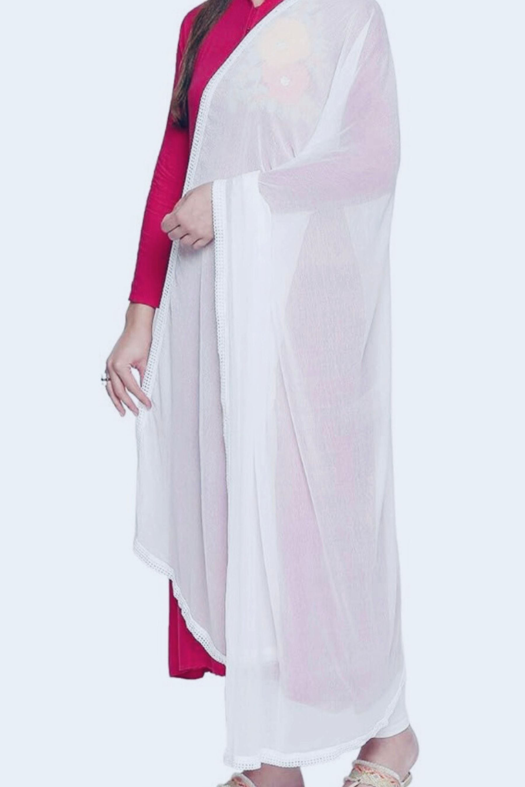 Chic Plain White Chiffon Dupatta with Elegant Border Lace - JCSFashions Dupatta JCS Fashions