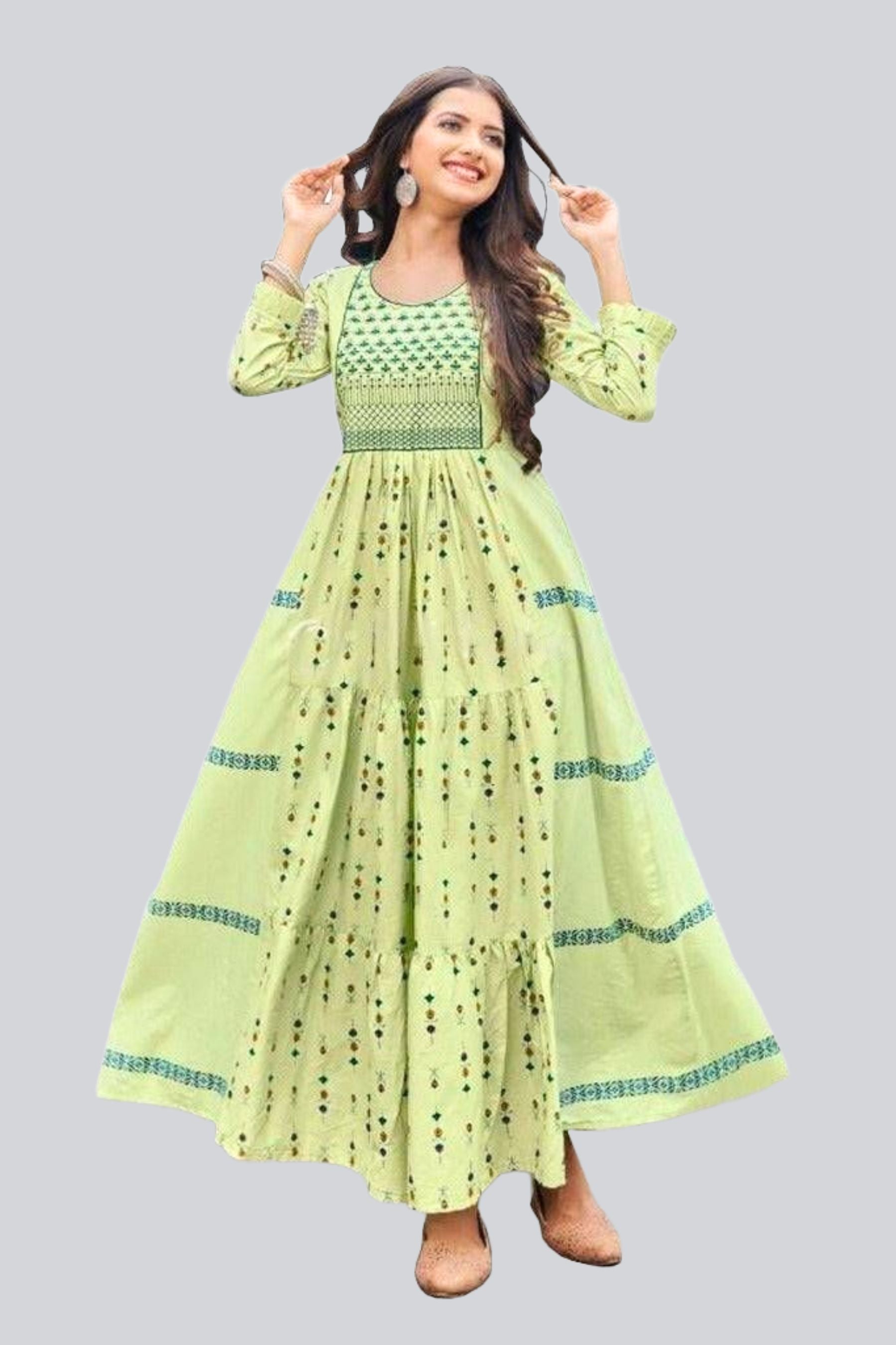 Elegant Cotton Cambric Gown | Frill Detail and Heavy Neck Embroidery Kurti JCS Fashions Green Medium (38)