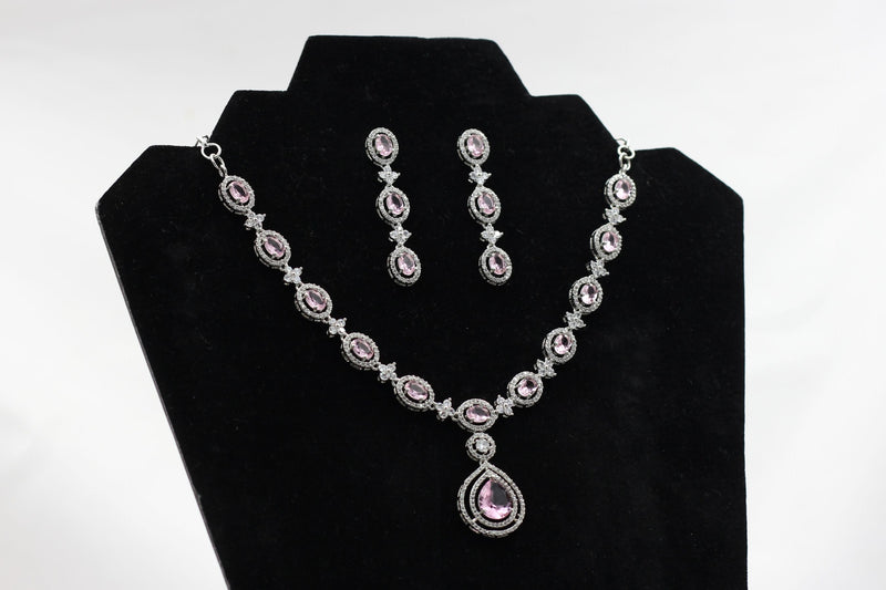 JCS Sophisticated Silver Polish Jewelry Set with White and Pink Stones