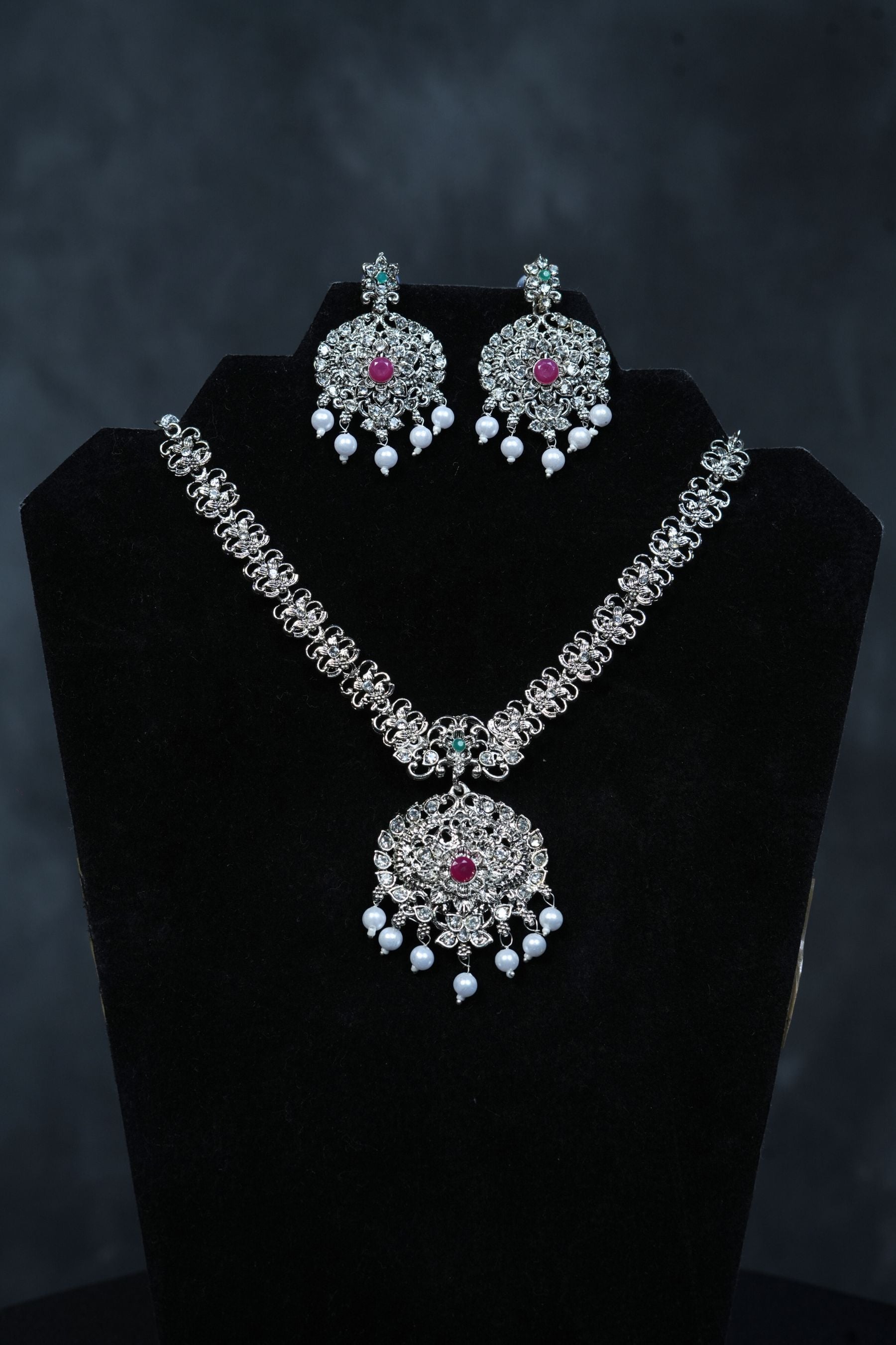 Radiant Charm: Silver Polish Neckset with Earrings at JCSFashions Jewelry JCS Fashions Silver