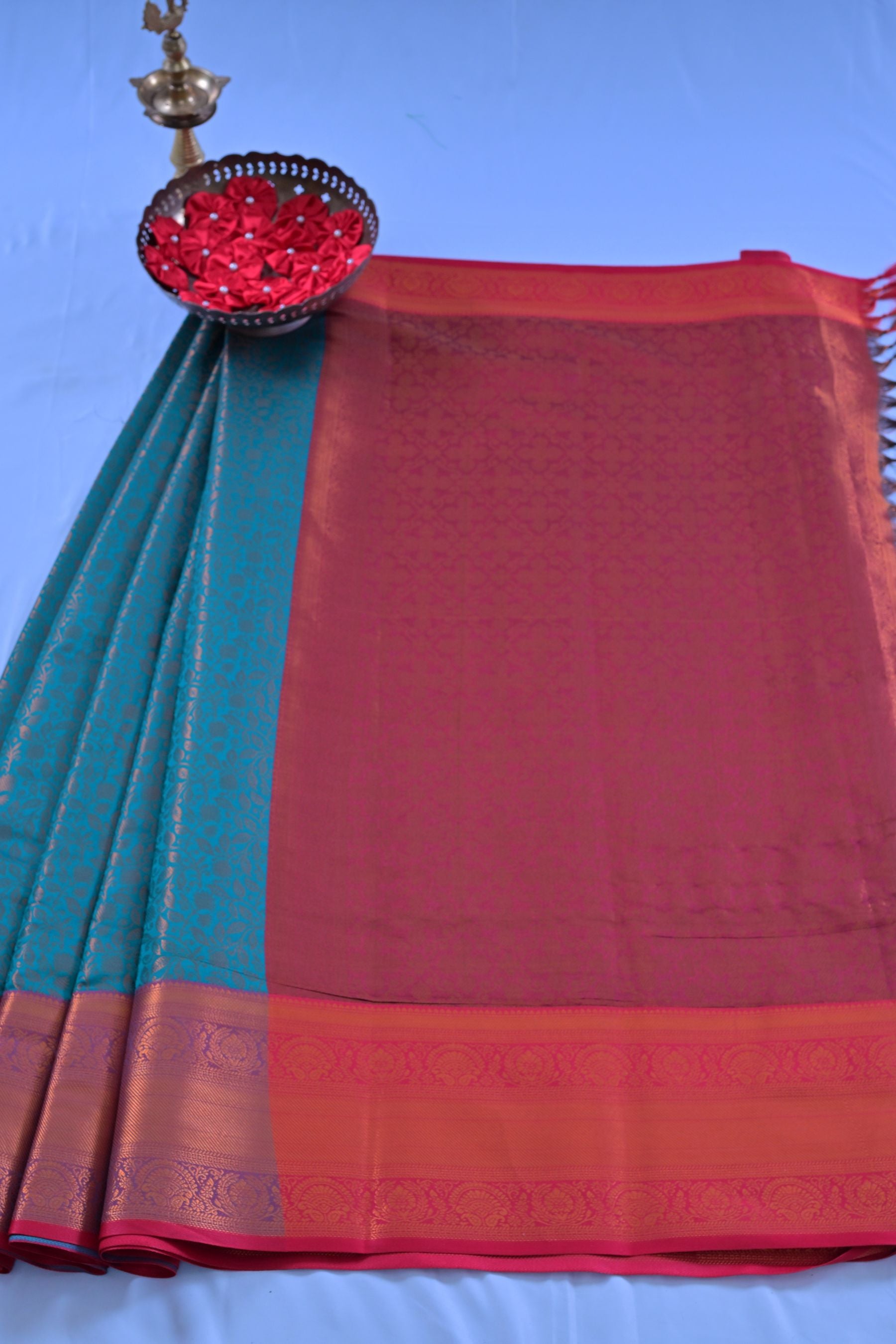 Radiant Semi-Silk Saree with Golden Zari and Unique Dual-Border Design