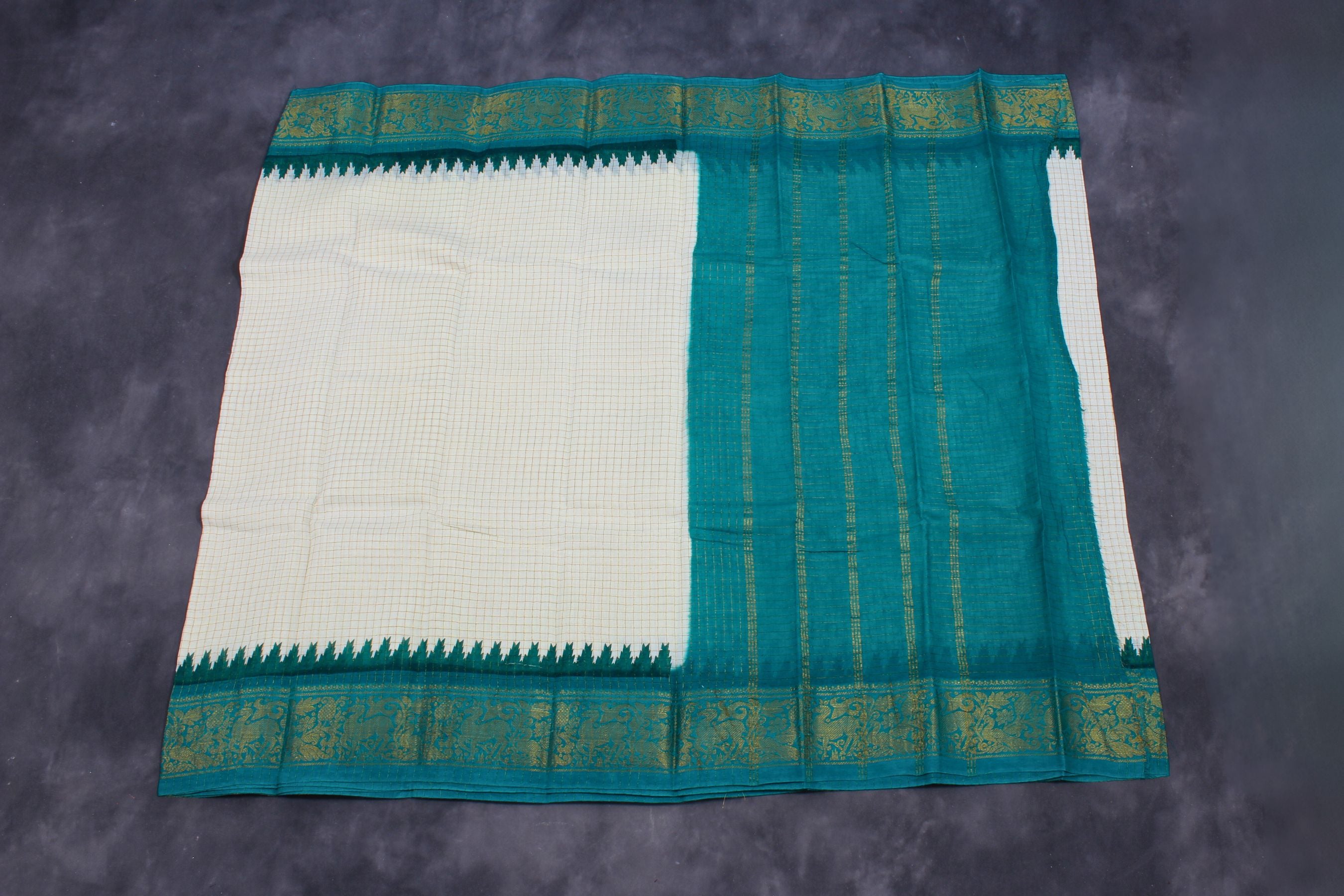 Madurai Pure Sungudi Cotton Saree with Golden Checks & Zari Border