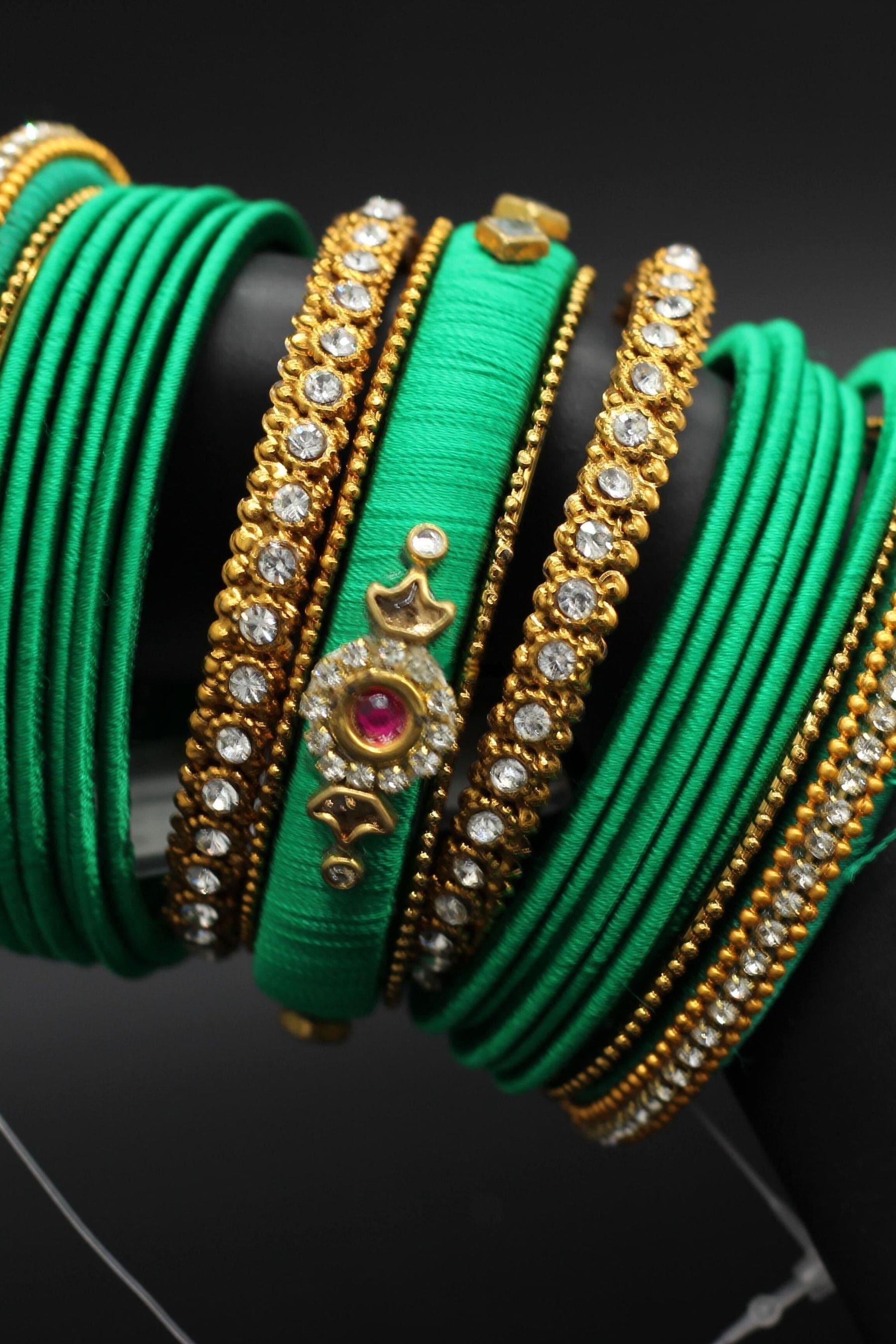 Silk Thread Bangles with Kundan and Stone Work in Green Color