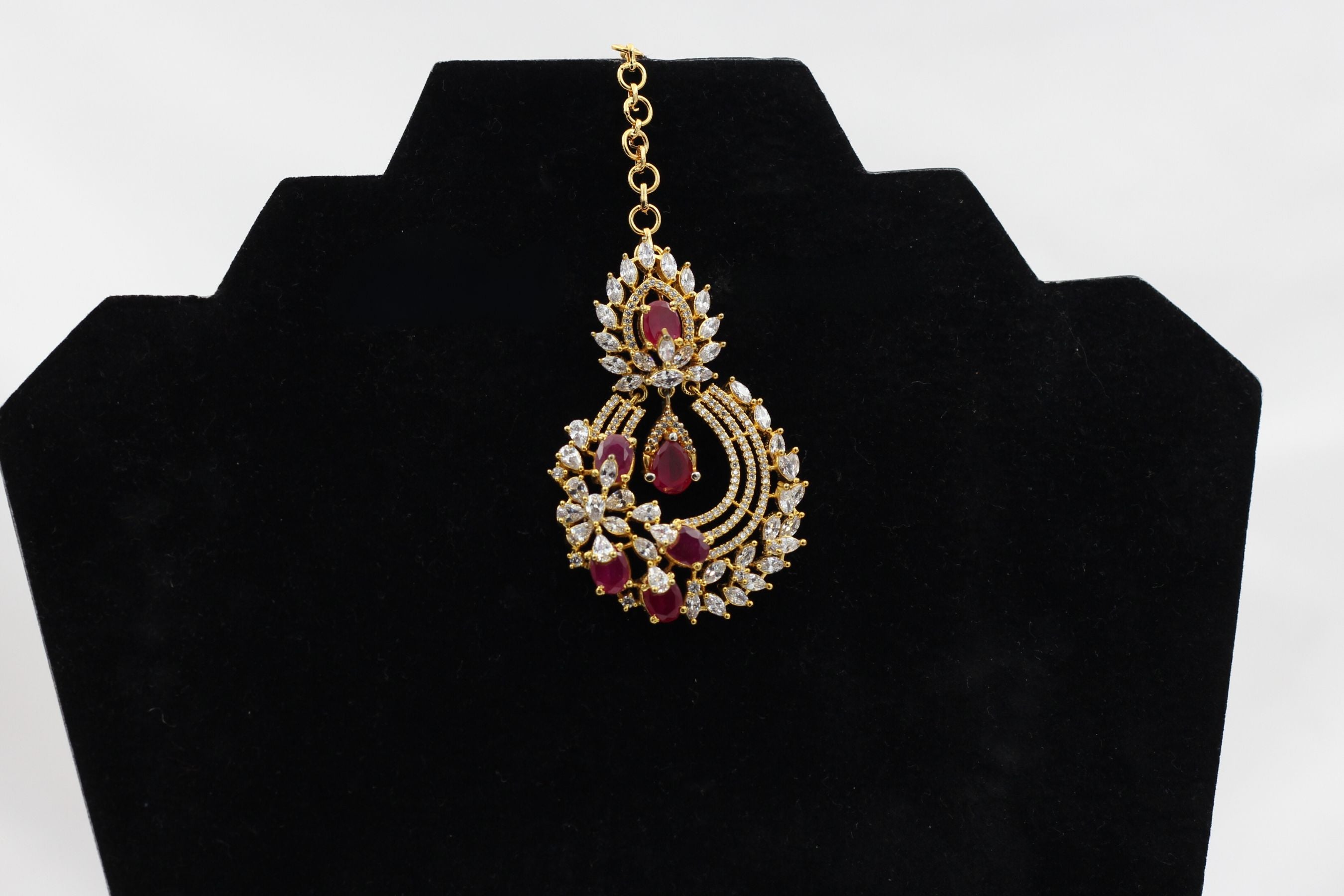 Regal Gold-Polished American Diamond Tikka with Pink & White Stones Jewelry JCS Fashions