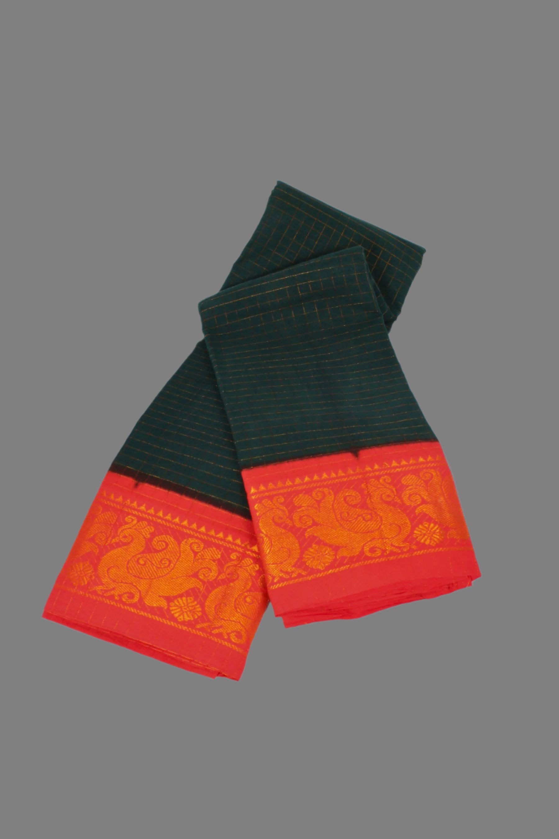 Madurai Pure Sungudi Cotton Saree with Golden Checks and Zari Border