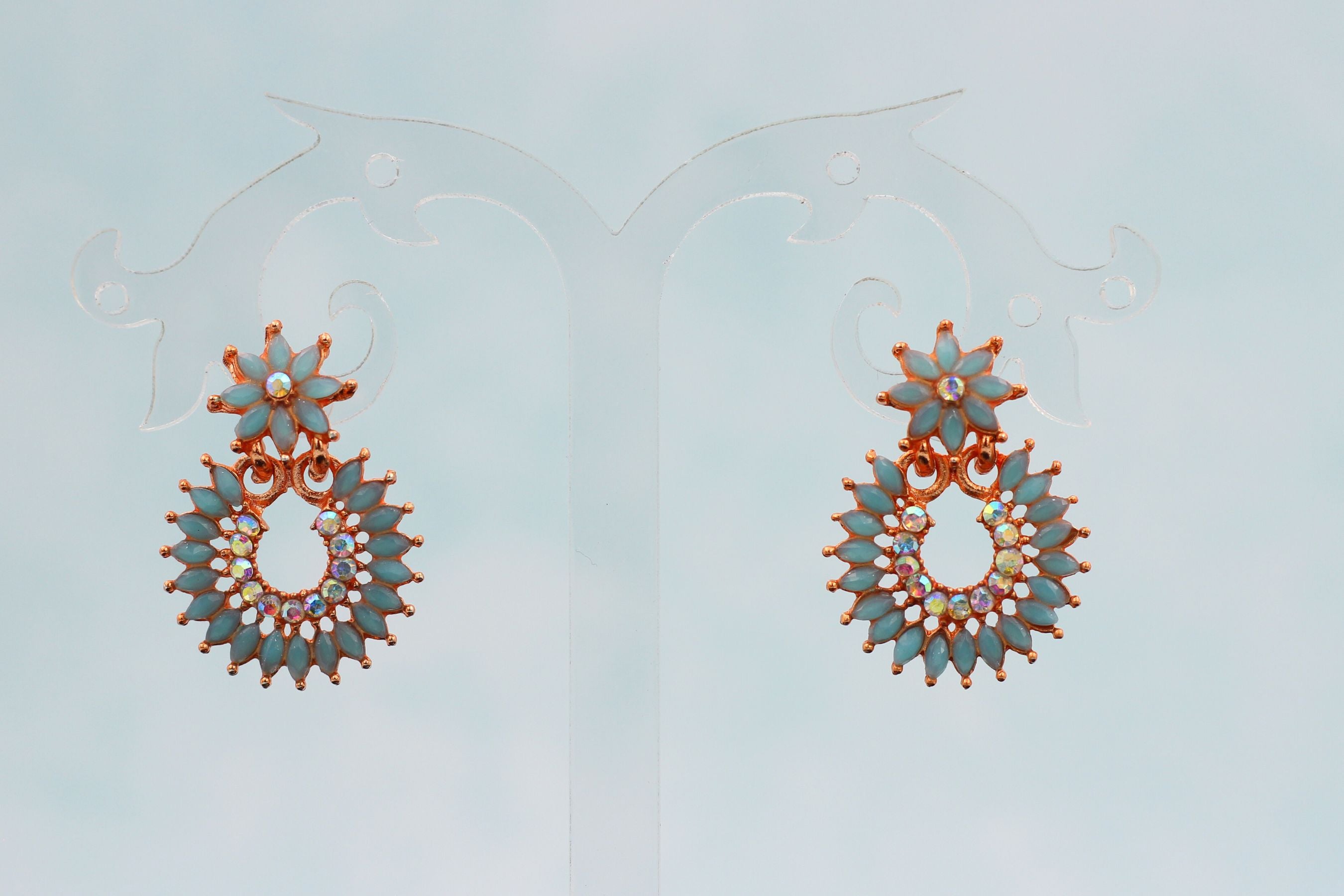 Glamorous Gold-Plated Chandelier Earrings With Brilliant Artificial Stones Jewelry JCS Fashions Pastel Blue 1.2 inch