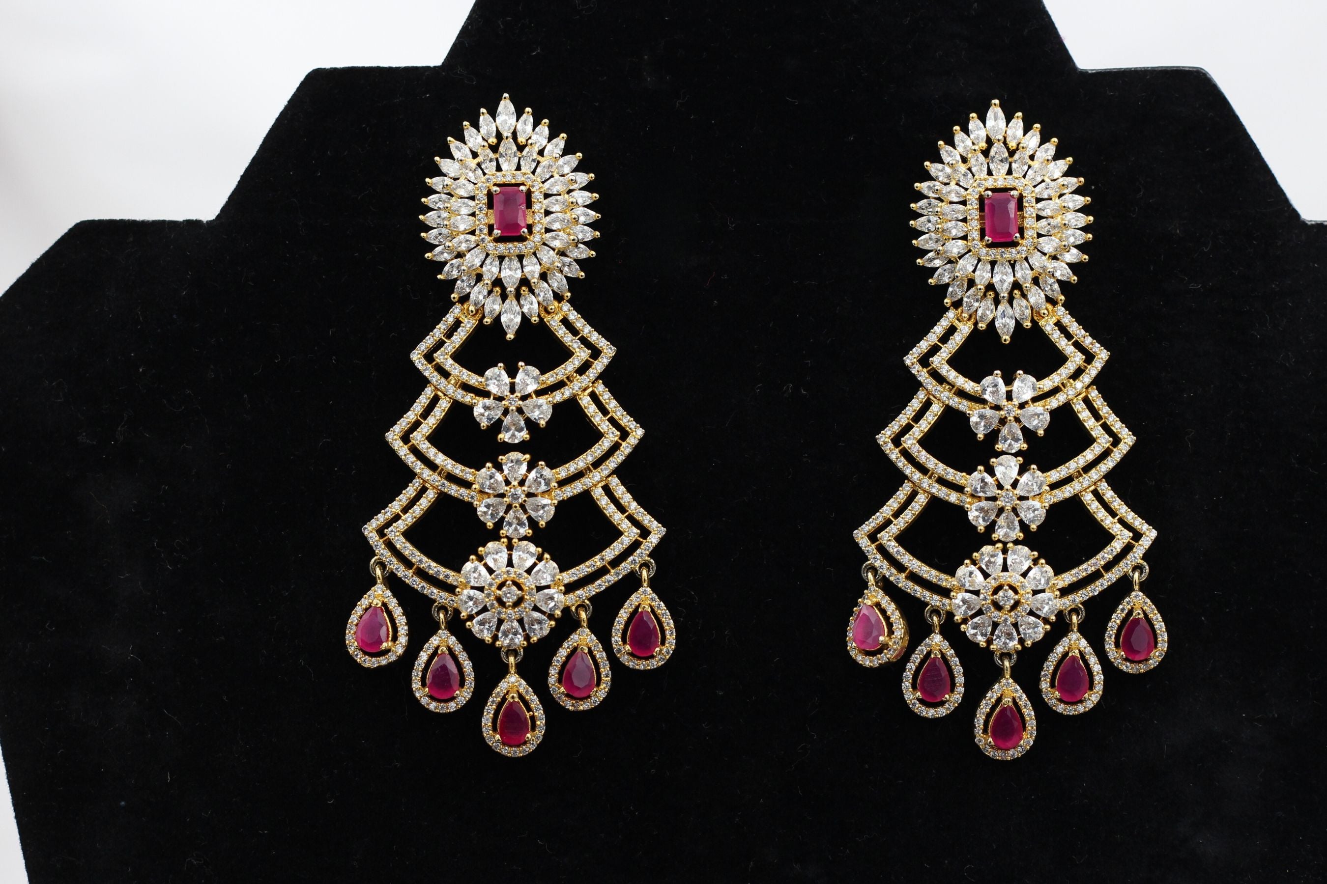 Luxe Pink & White Stone Long Earrings with Gold Polish - JCS Fashions Jewelry JCS Fashions