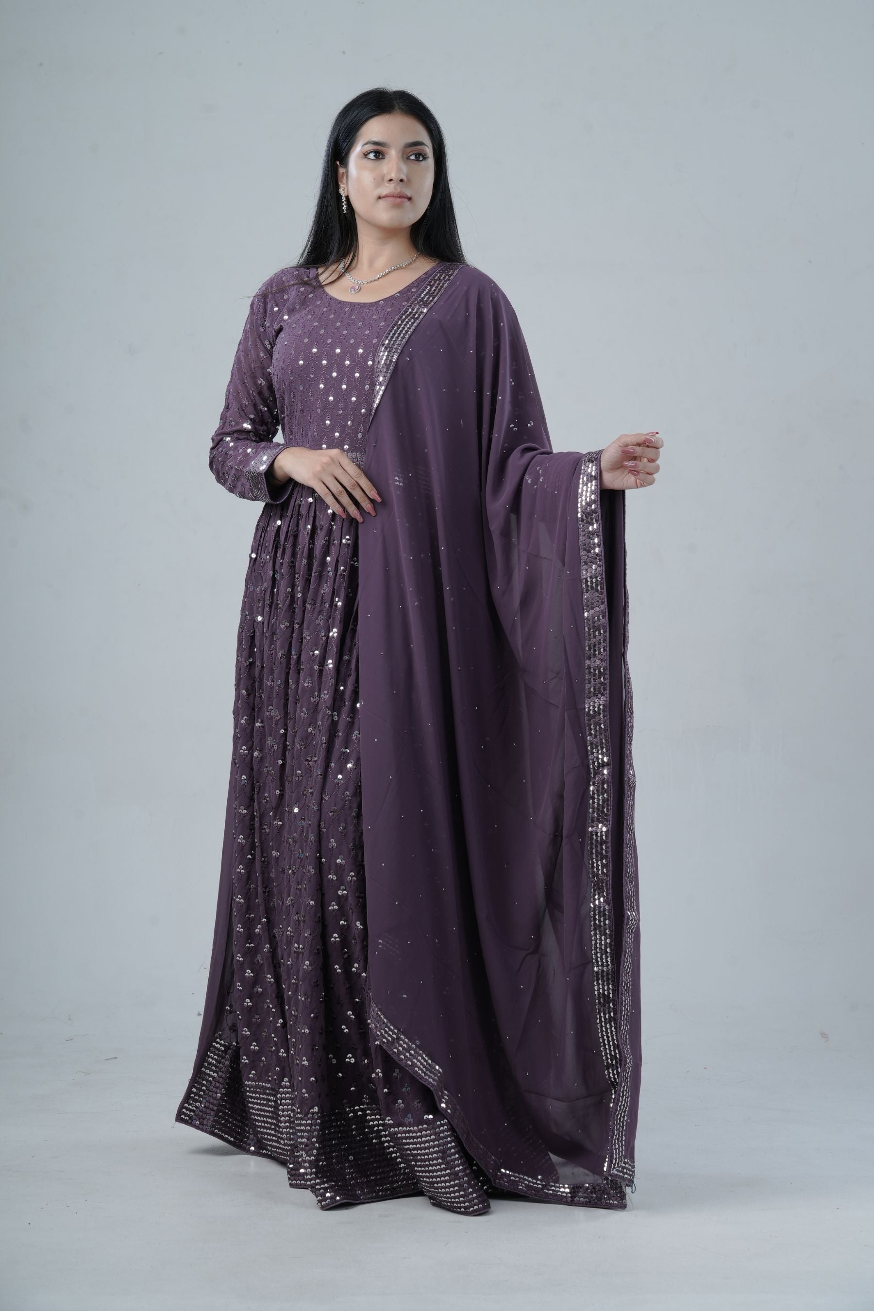 Elegant Georgette Gown with Sparkling Sequins and Silk Santoon Pants KURTI JCS Fashions