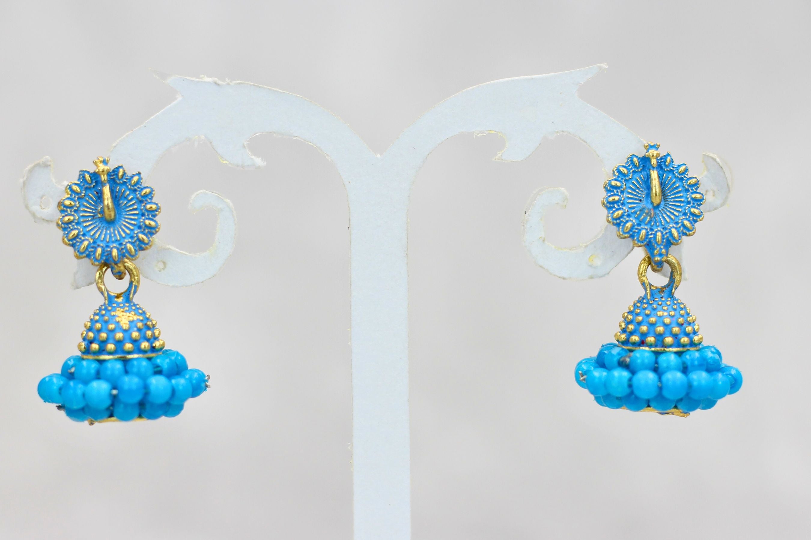 Regal Gold-Plated Oxidized Jhumka Earrings with Pearls - Ethnic Glamour Jewelry JCS Fashions Blue 1 inch