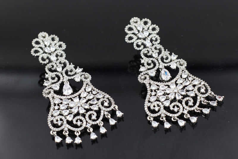 Dazzling 3" American Diamond White Stone Dangle Earrings - Secure Clasp