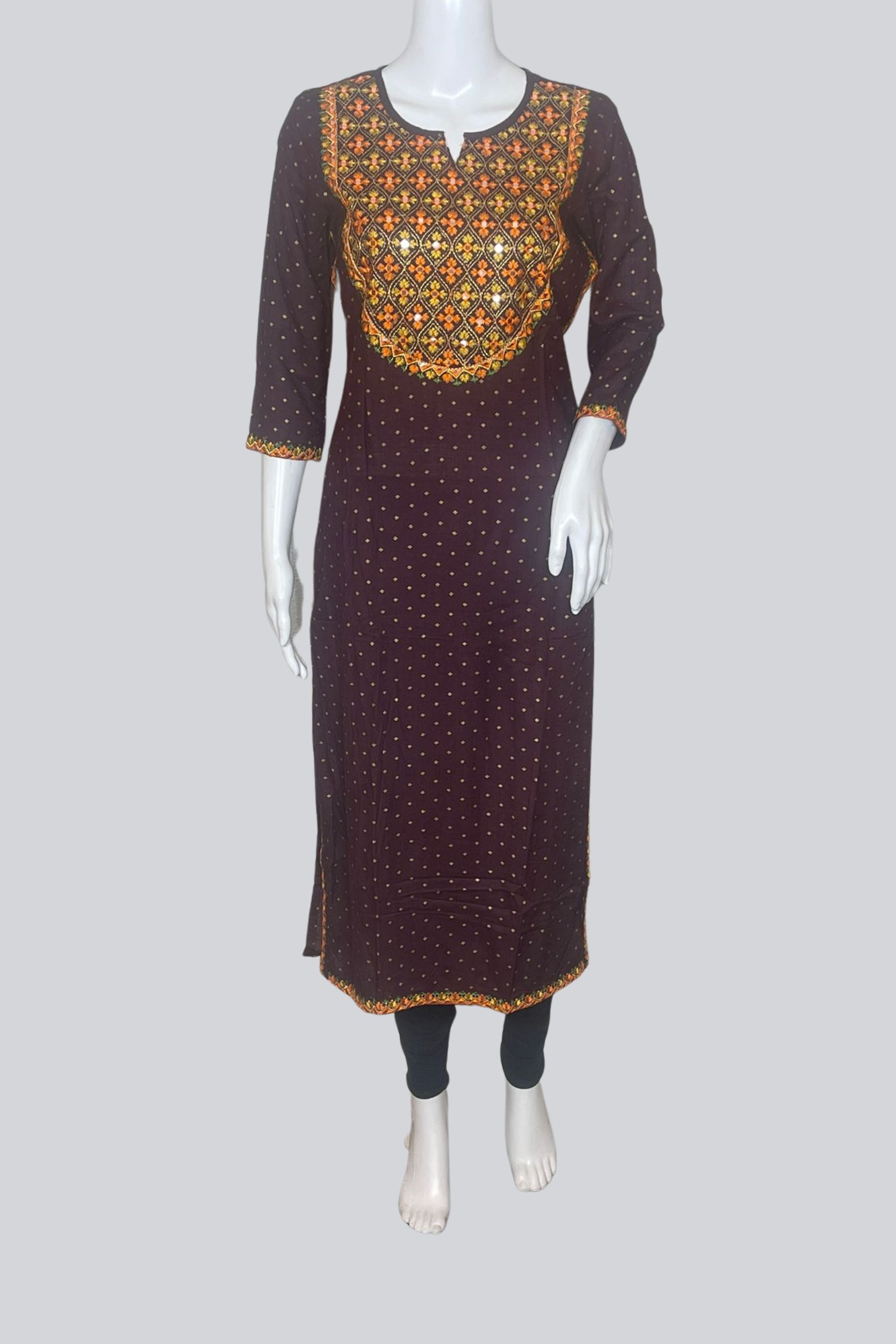 Designer Straight Kurti with Embroidery & Mirror Magic - JCS Fashions KURTI JCS Fashions Brown Medium (38)