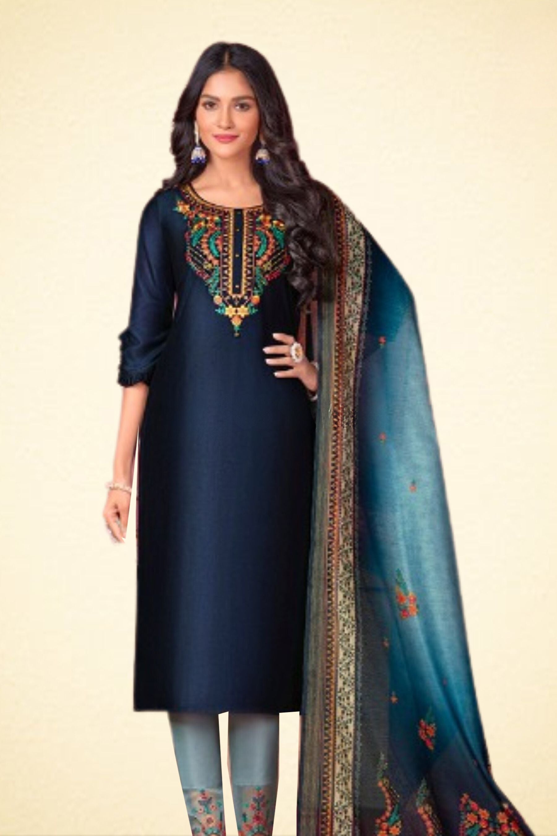 Embroidered Salwar Set with Silk Top, Pant and dupatta KURTI JCS Fashions Dark Blue Medium (38)