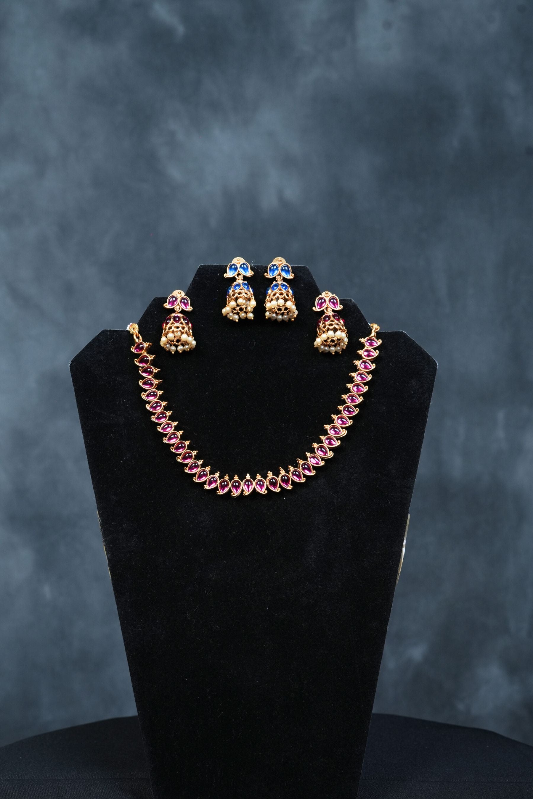 Dual Chic : Matte Finish Neckset with Pink & Blue Stones - JCSFashions