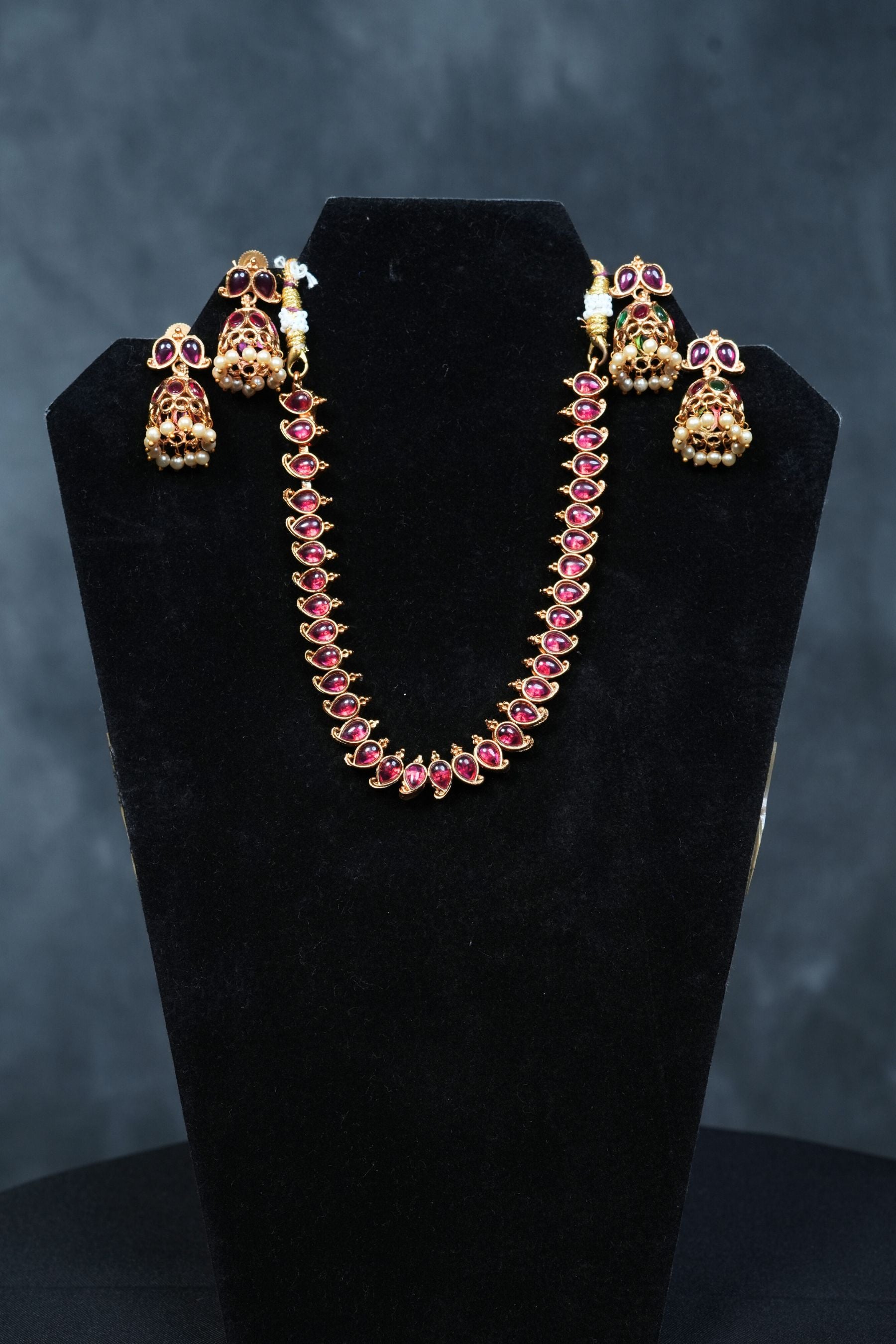 Dual Elegance: Matte Finish Neckset with Pink & Green Stones