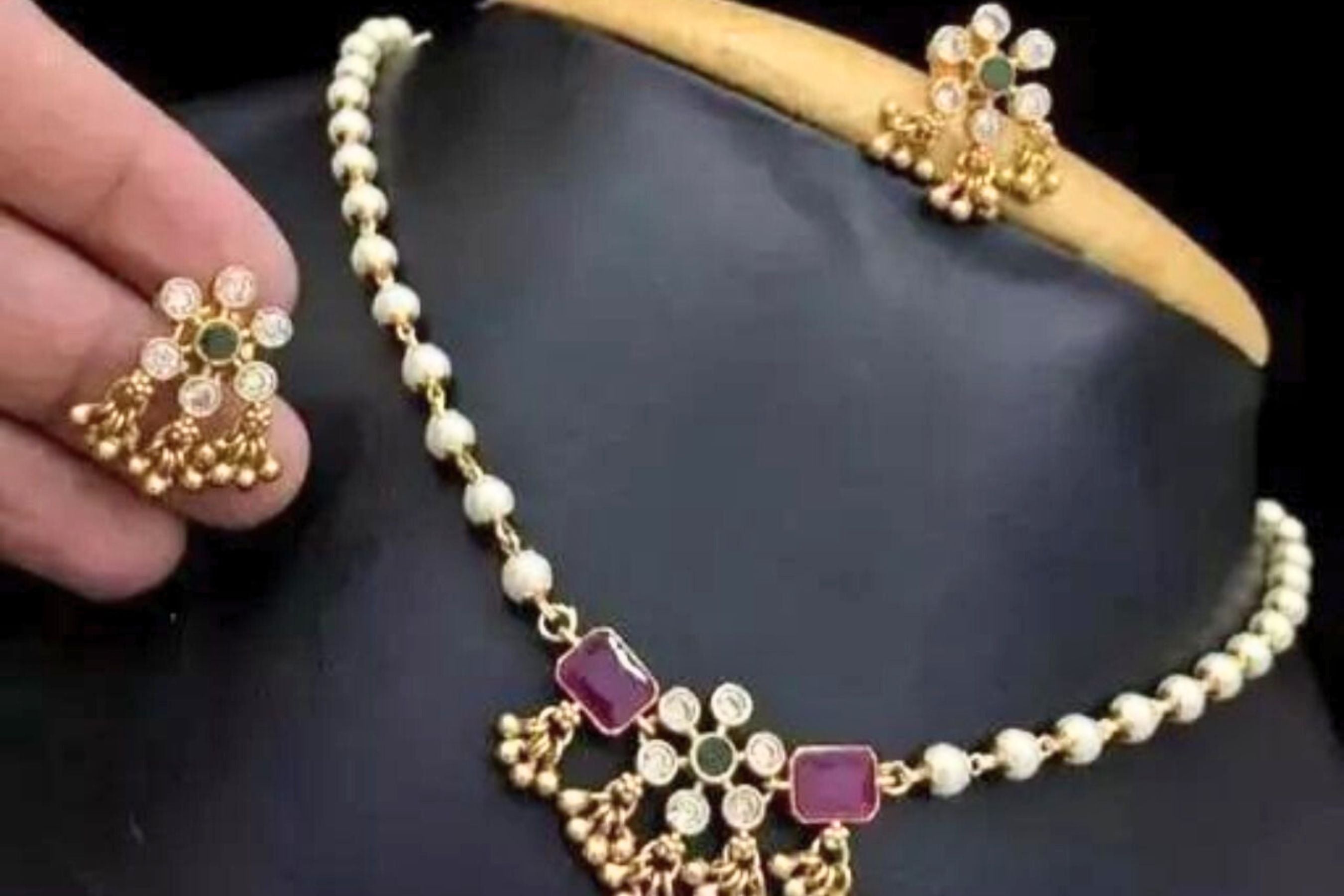 Luxurious Pearl CZ Stone Necklace & Earring Set - Gold Plated Elegance