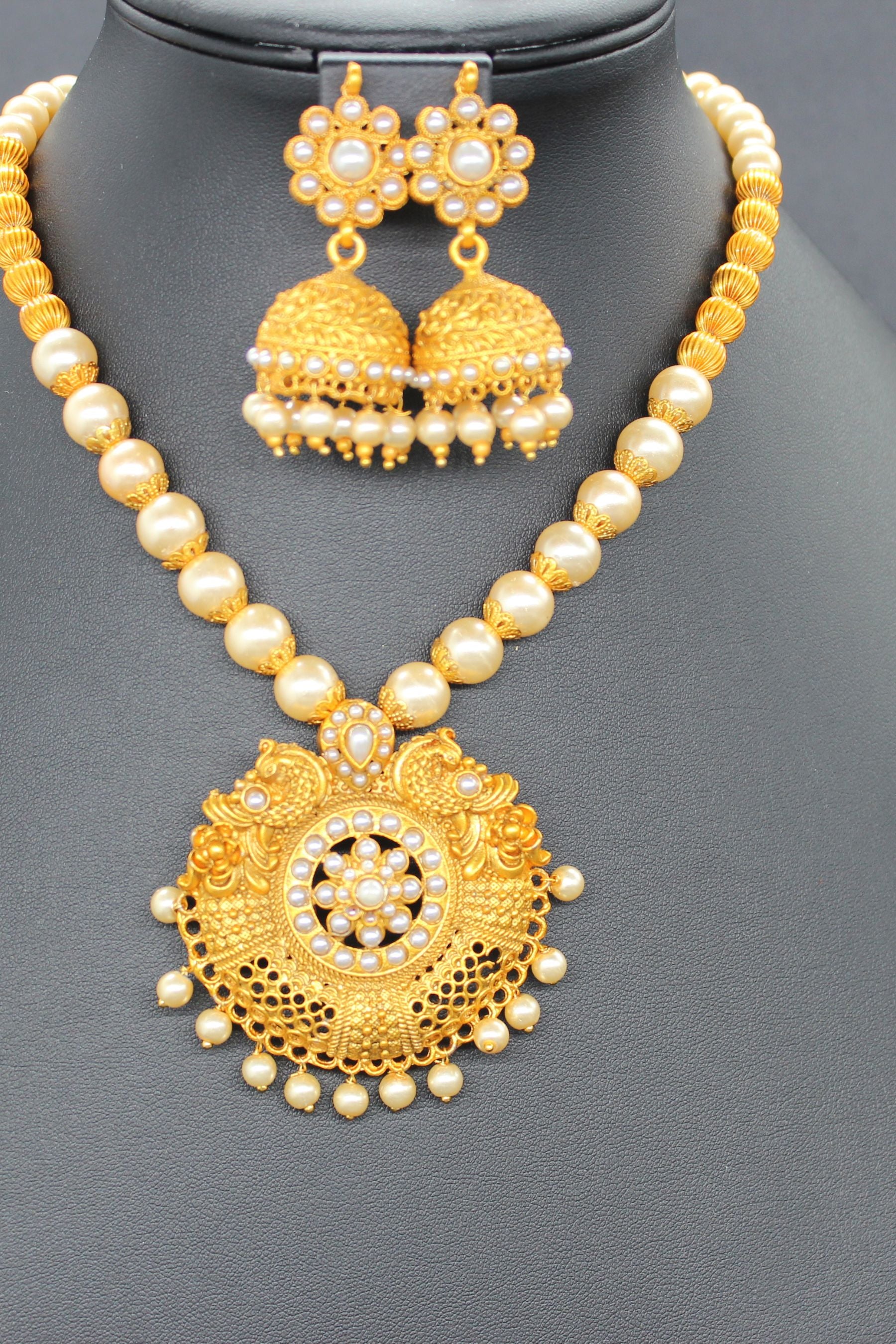 Chic Delight: Matte Finish Neckset with Beads and Jhumka at JCSFashions