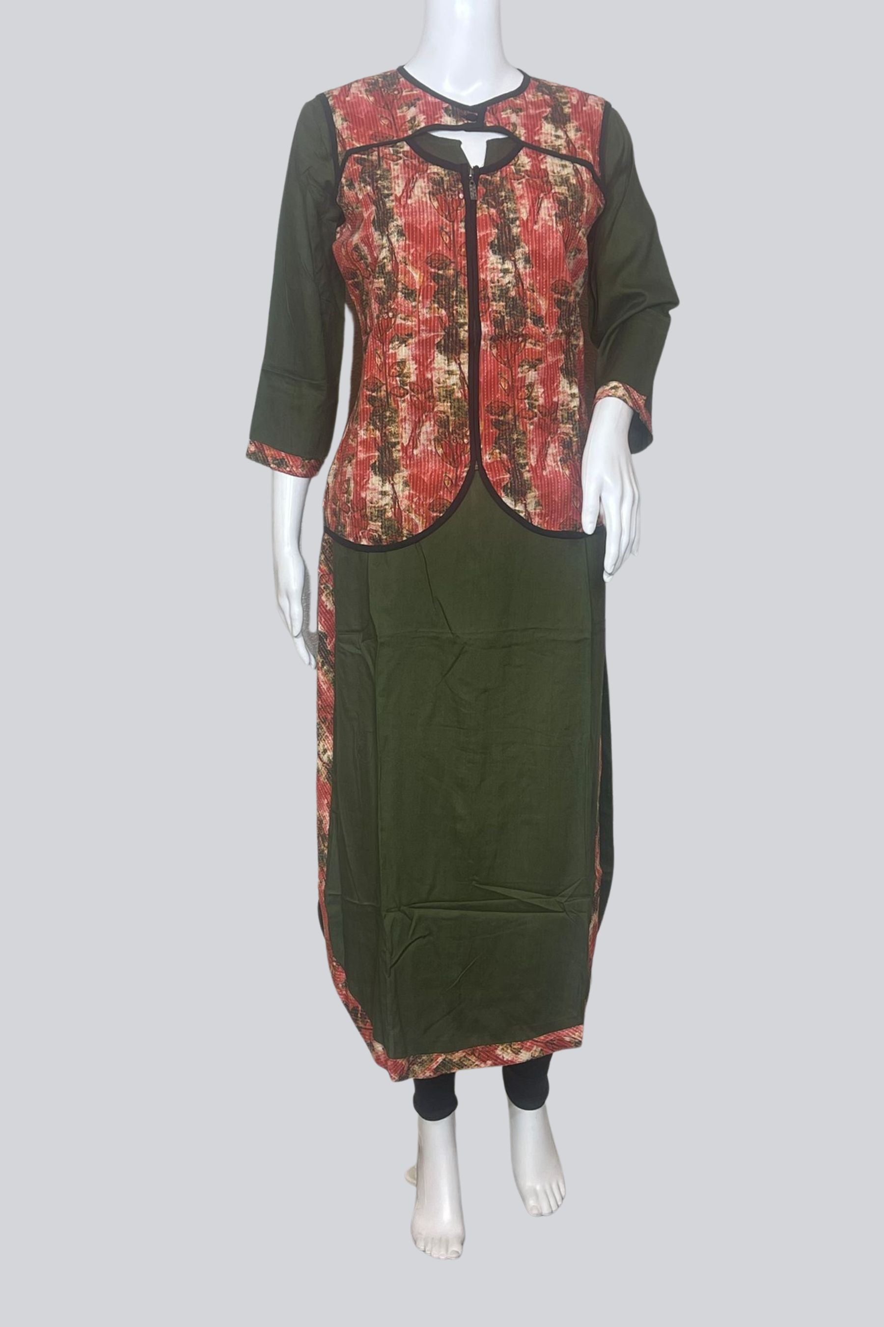 Chic Rayon Kurti with Short Overcoat | 46" Length - JCS Fashions KURTI JCS Fashions Bottle Green Medium (38)