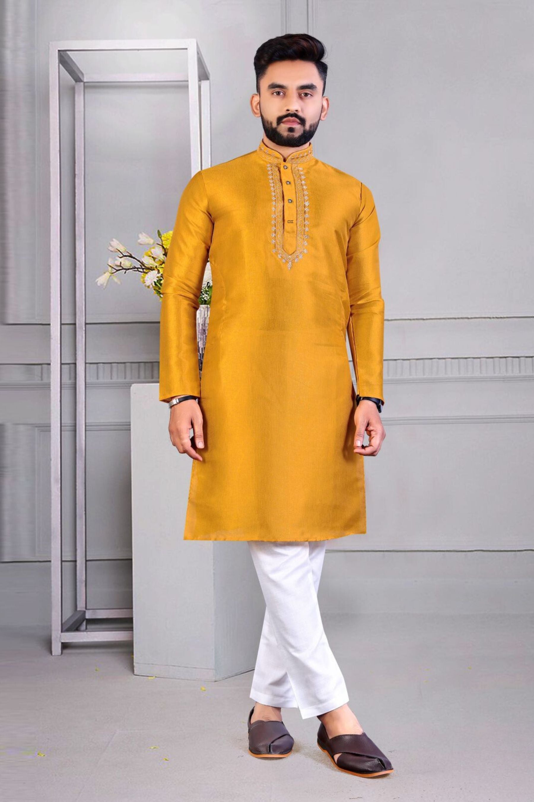 Traditional And Ethnic Men's Kurta Pyjama Set | JCSFashions MEN JCS Fashions Yellow Medium (38)