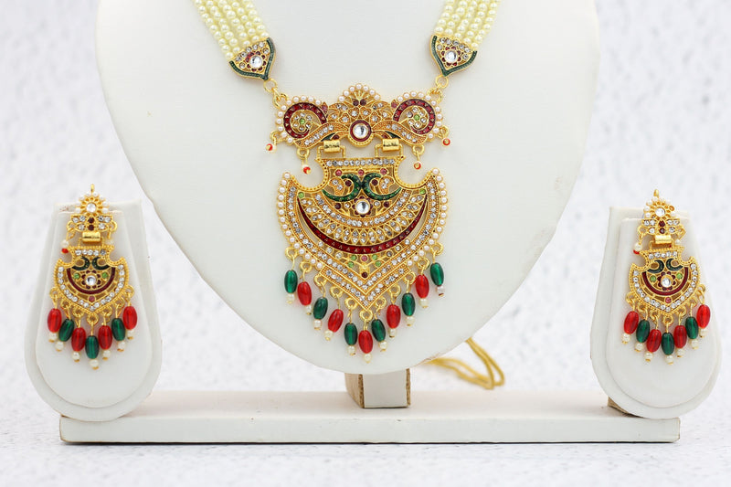 Luxurious Gold-Plated Kundan Studded Meenakari Necklace Set with Pearls