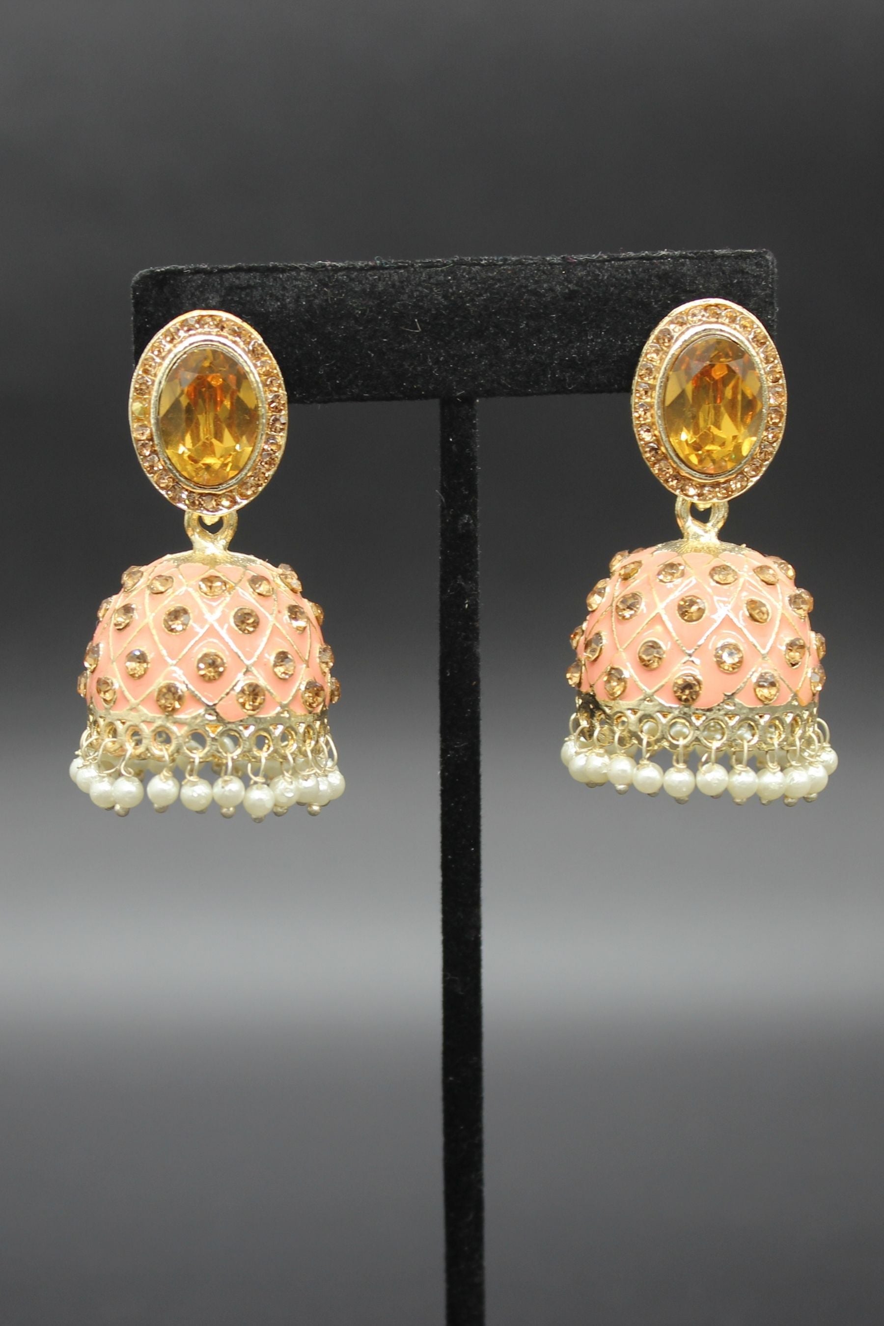 Kundan Jhumka Earrings With stones. Multiple Colors Available Jewelry JCS Fashions Peach 2 inch