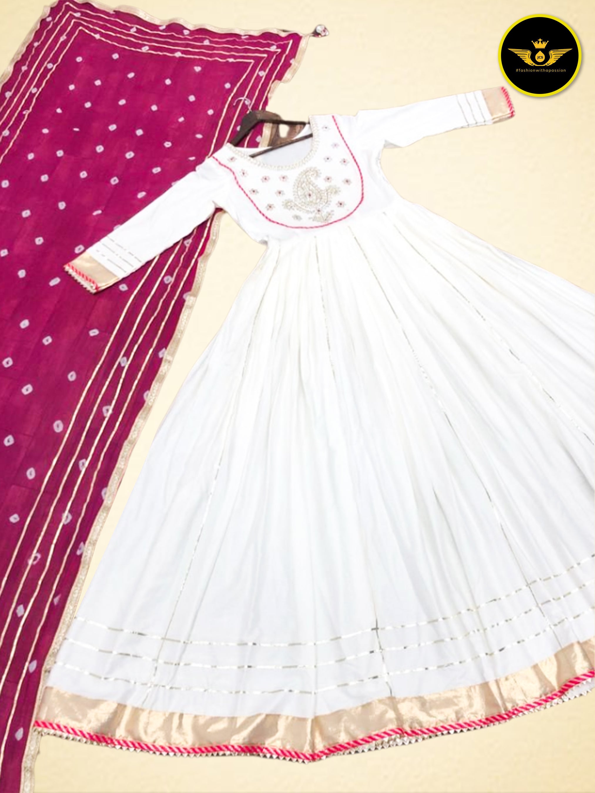 Beautiful Anarkali Gown with Bandej Dupatta in Mesmerizing White KURTI JCS Fashions