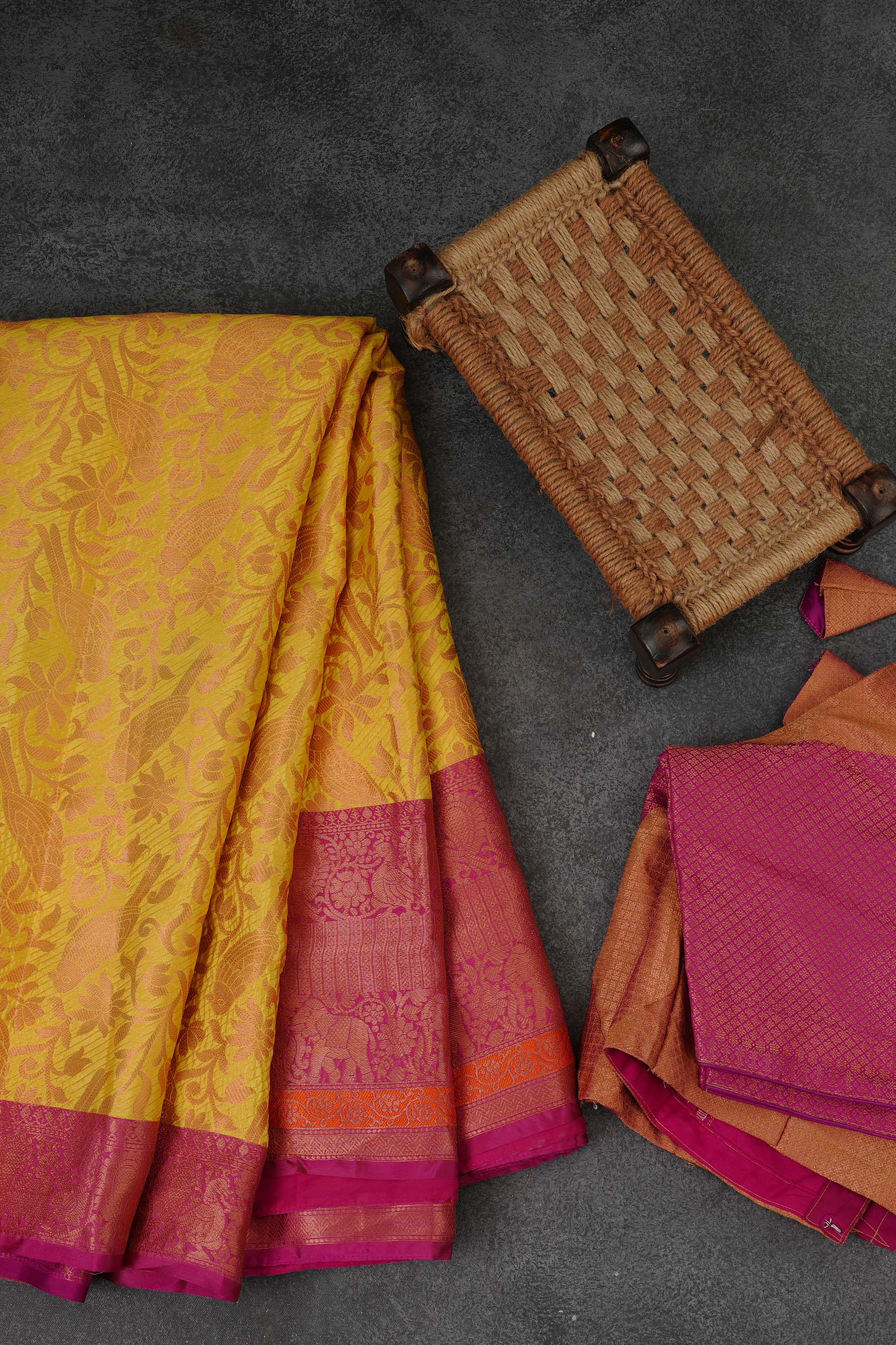 Regal Banarasi Tissue Saree with Jacquard Blouse: Traditional Style Saree JCS Fashions Yellow with Pink 5.5 meters