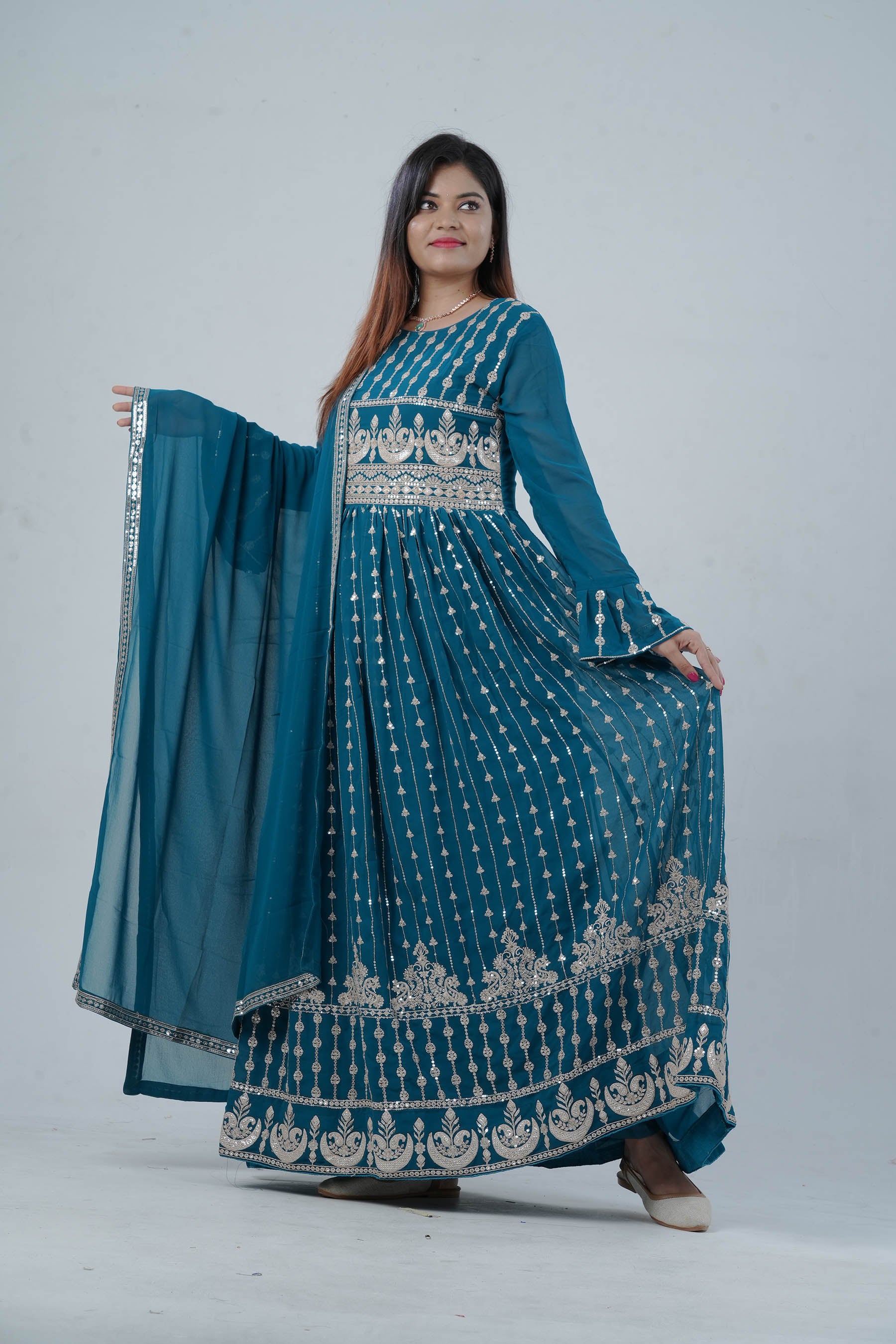 Georgette KURTI Top with Signature Embroidery & Dual Sleeve Design KURTI JCS Fashions Blue X-Large (42)