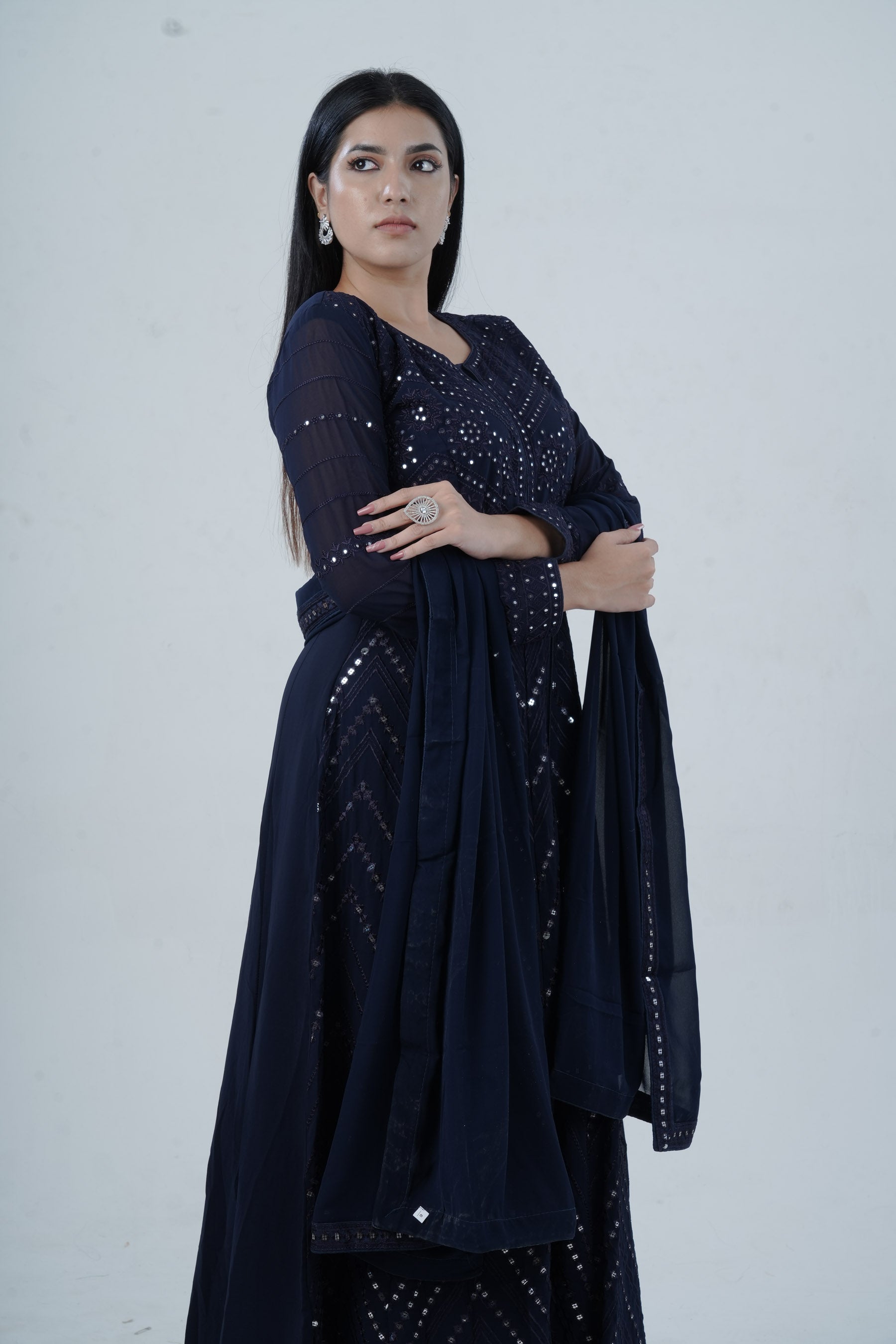 Elegant Floor-Length Gown with Embroidery & Sequins - Navy Blue KURTI JCS Fashions