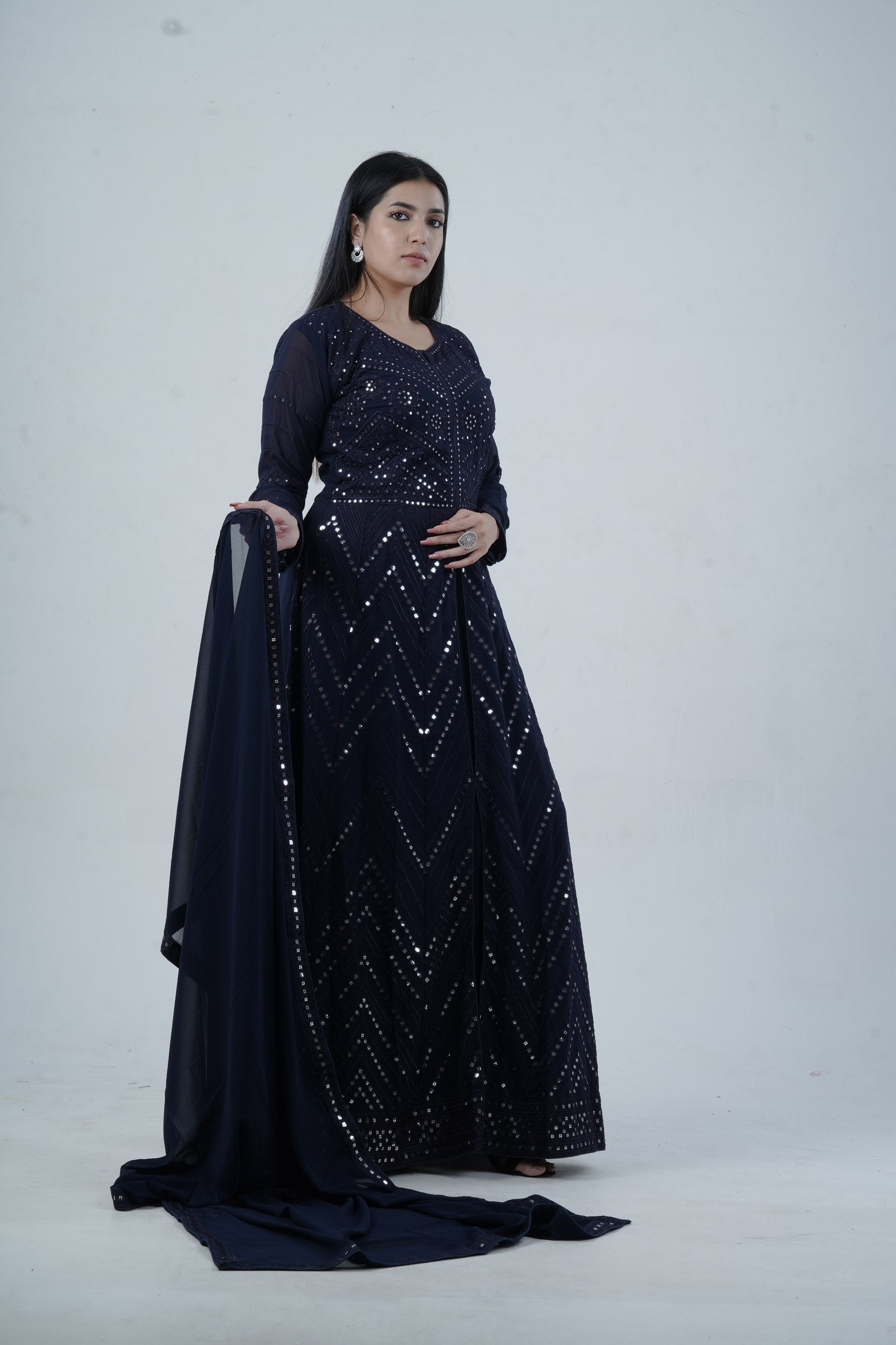 Elegant Floor-Length Gown with Embroidery & Sequins - Navy Blue KURTI JCS Fashions