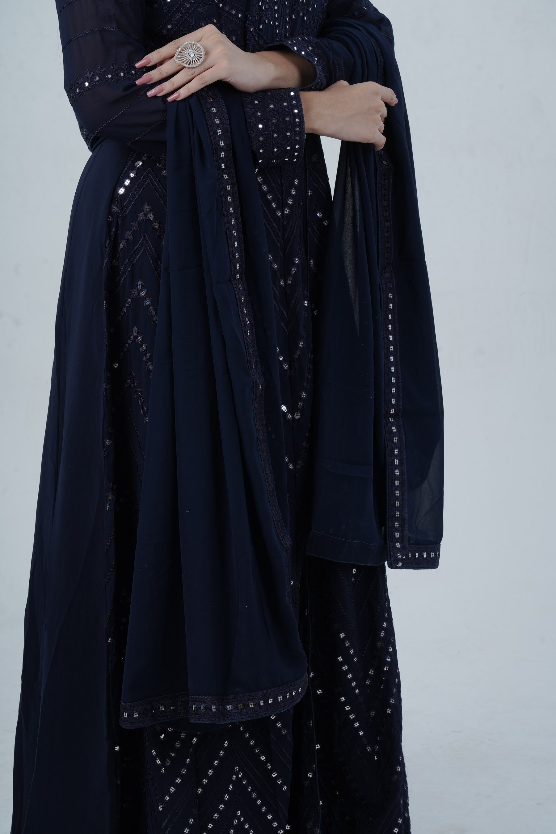 Elegant Floor-Length Gown with Embroidery & Sequins - Navy Blue KURTI JCS Fashions