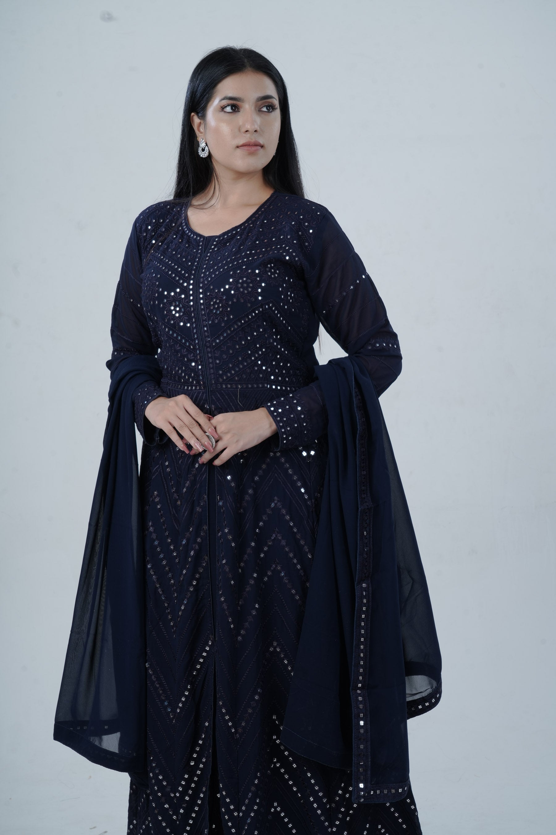 Elegant Floor-Length Gown with Embroidery & Sequins - Navy Blue KURTI JCS Fashions