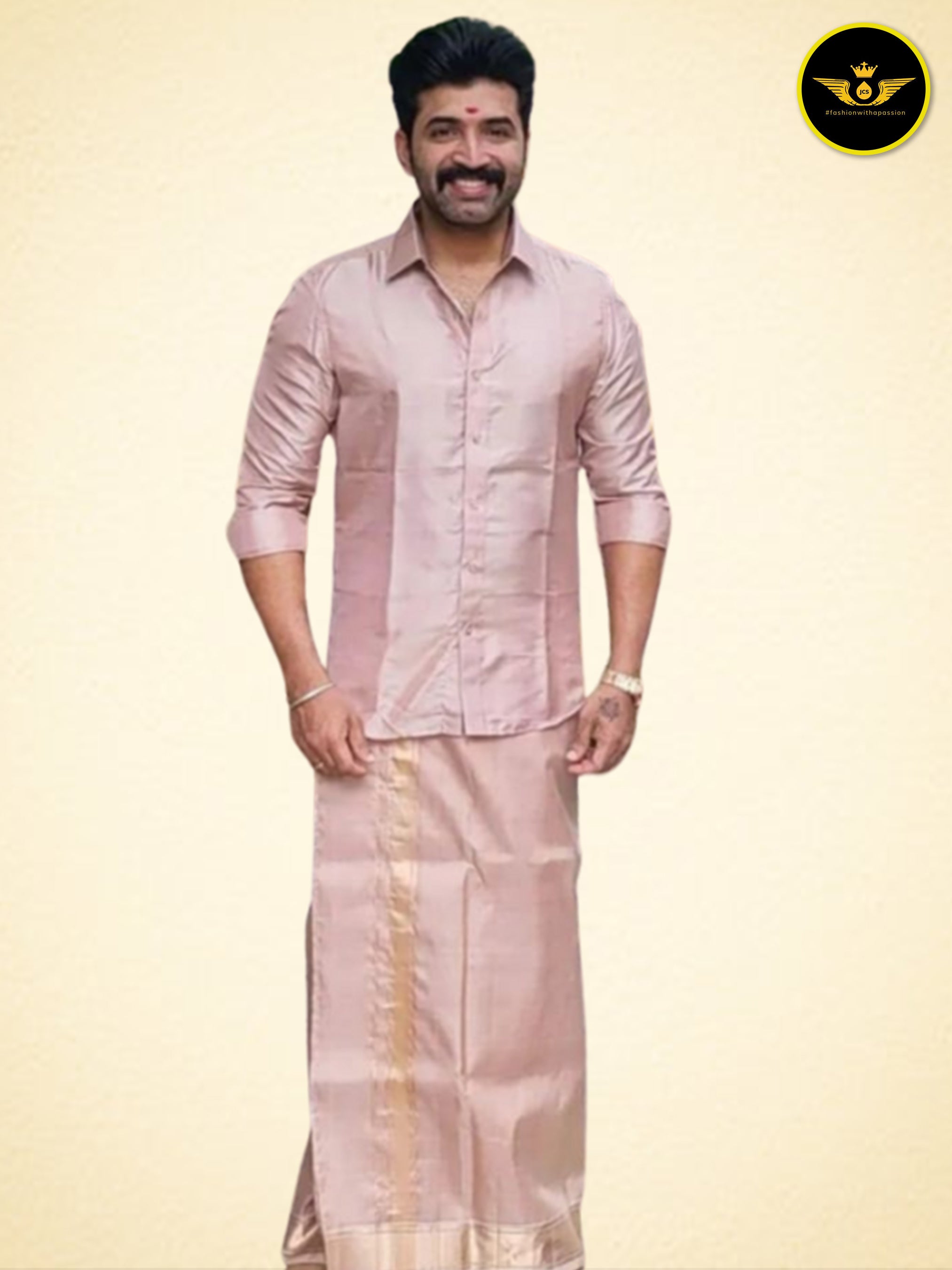 Silk Dhoti Short Towel Set: Exquisite 2.5mts Stitched Shirt + Stylish MEN JCS Fashions Golden peach Medium (38)