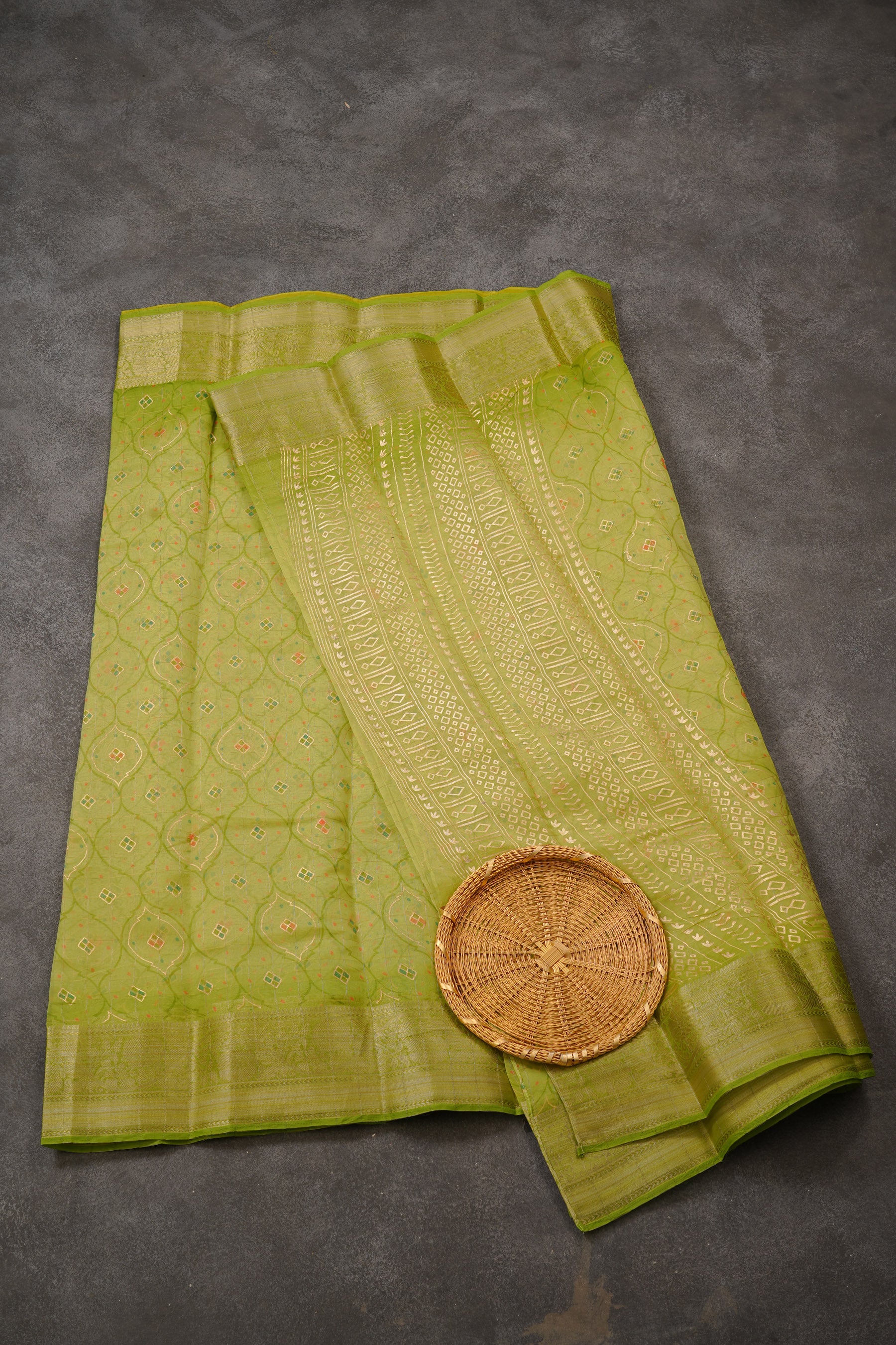 Vibrant Green Kanchi Organza Saree with Beautiful Kanchi Border