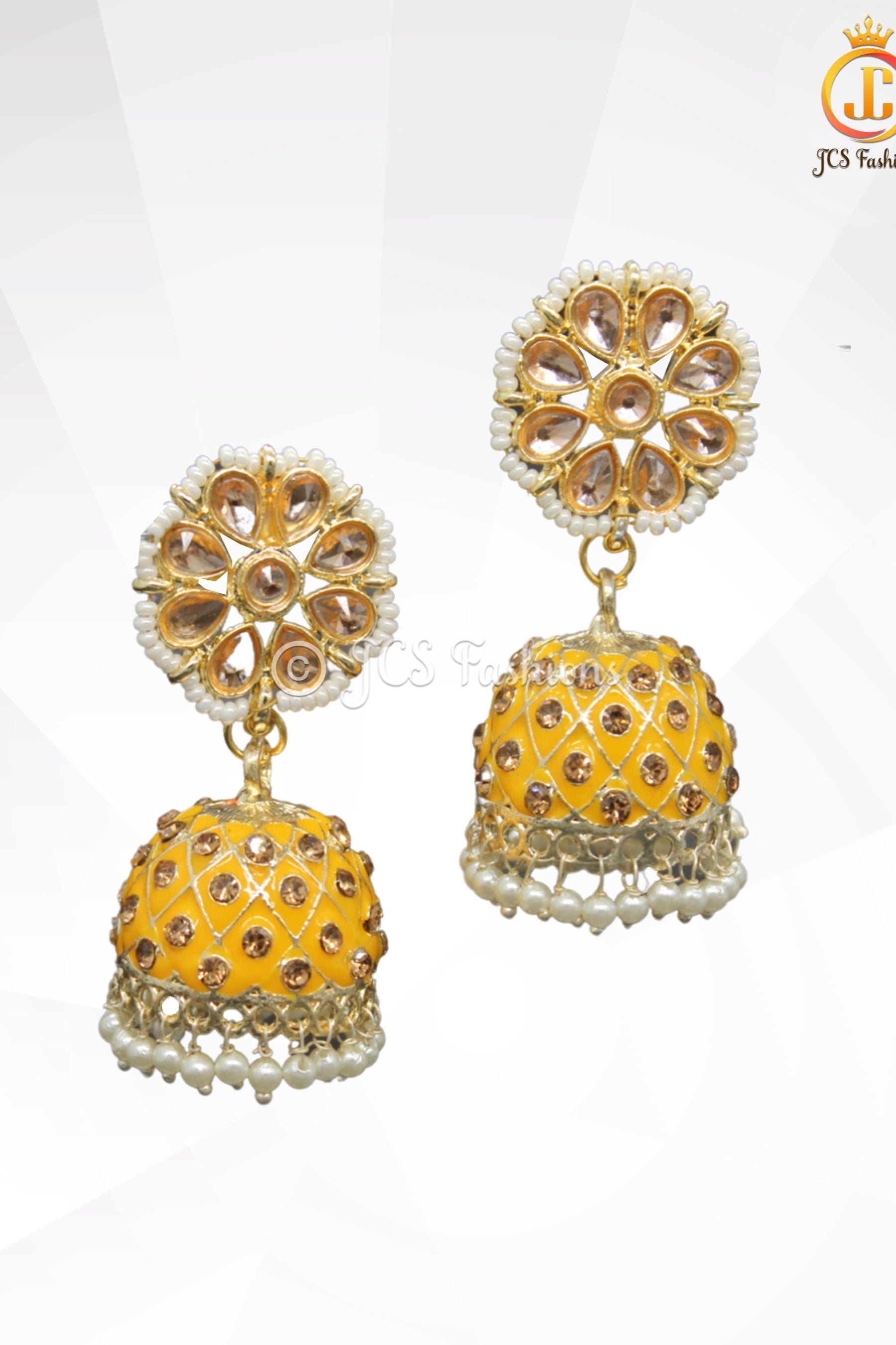 Elegant Kundan Jhumka Earrings With stones and imitation pearls. Jewelry JCS Fashions