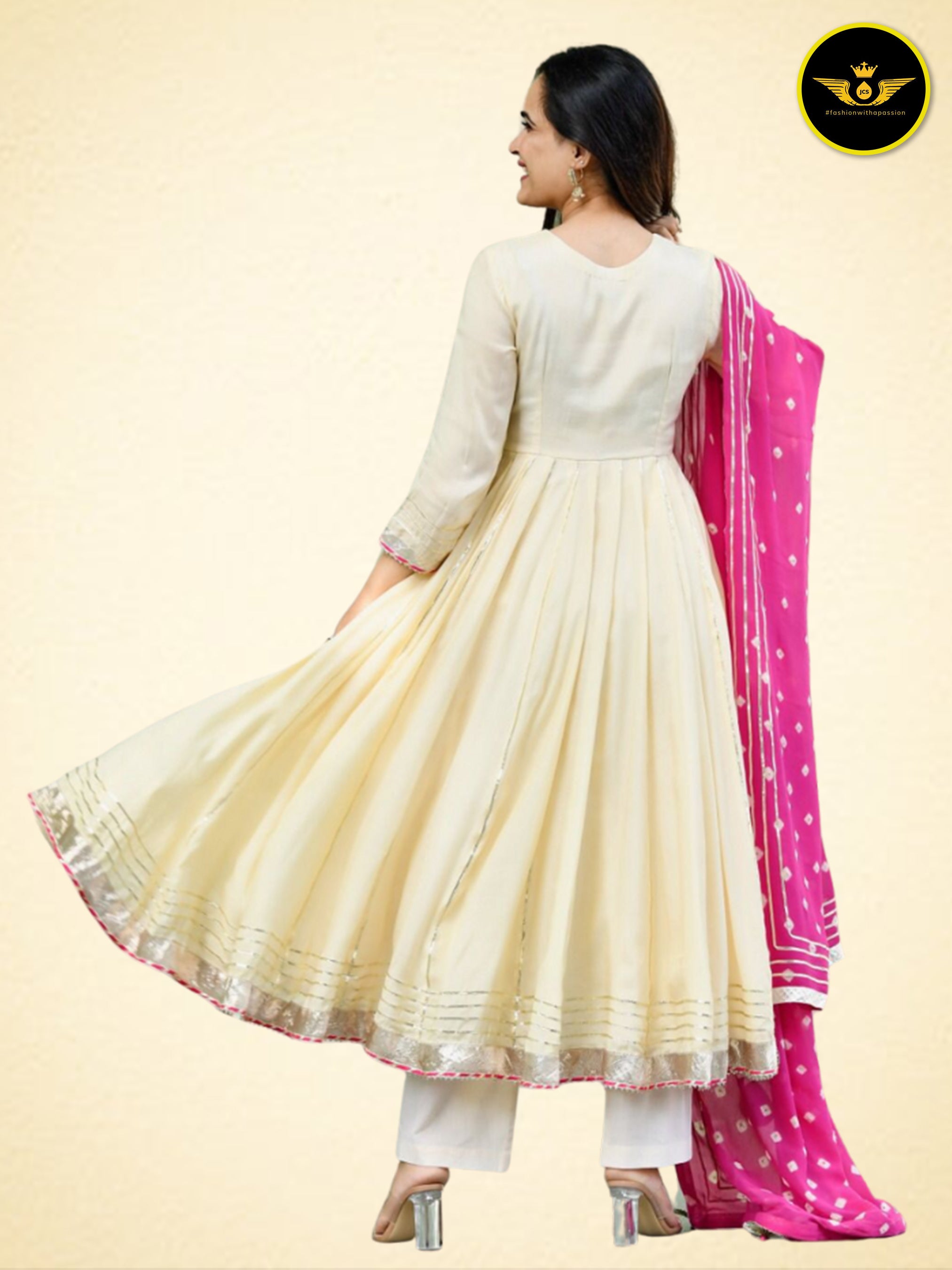 Beautiful Anarkali Gown with Bandej Dupatta in Mesmerizing White KURTI JCS Fashions