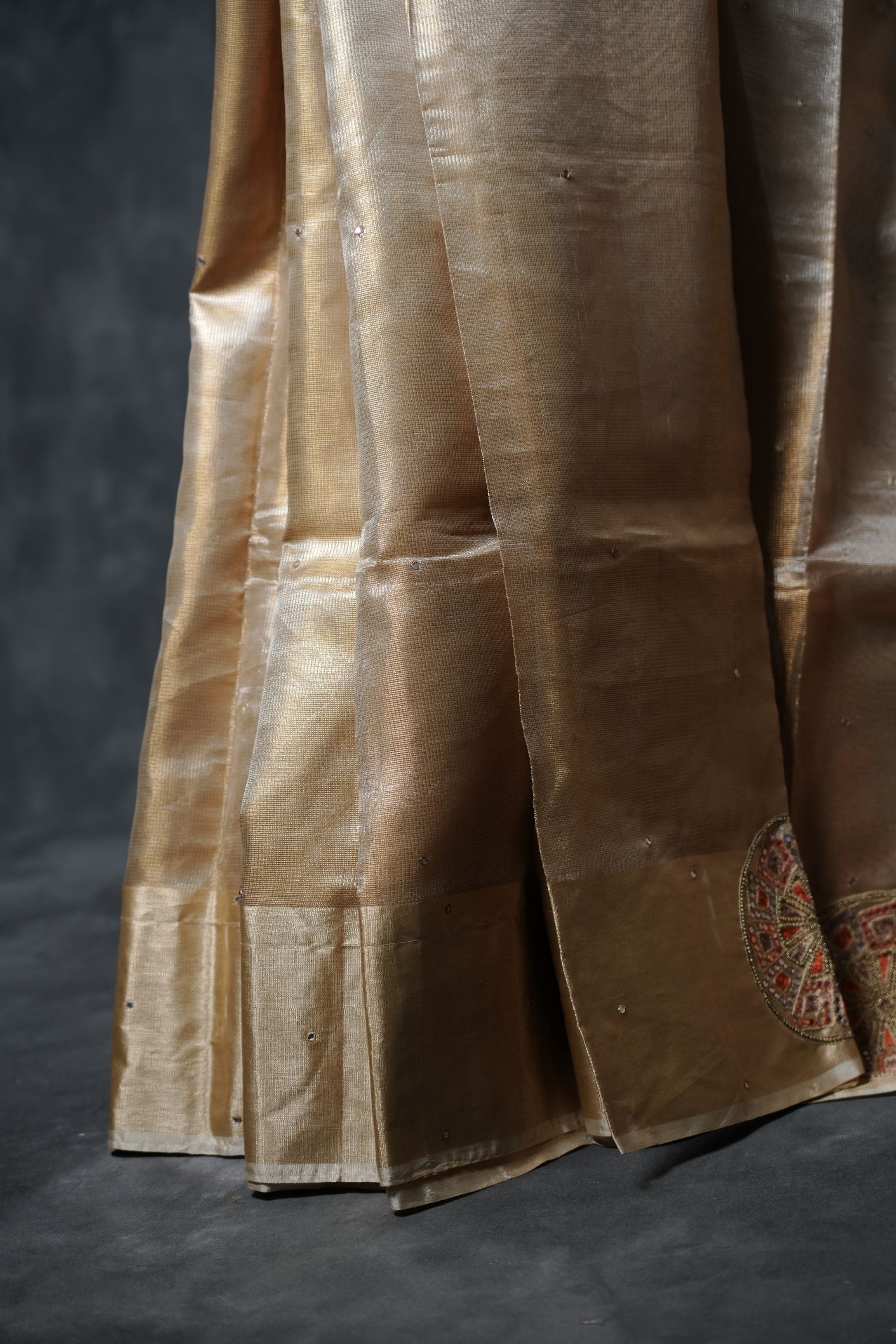 Gold Tissue Silk Sarees with Hand Embroidery and Maggam Work Blouse