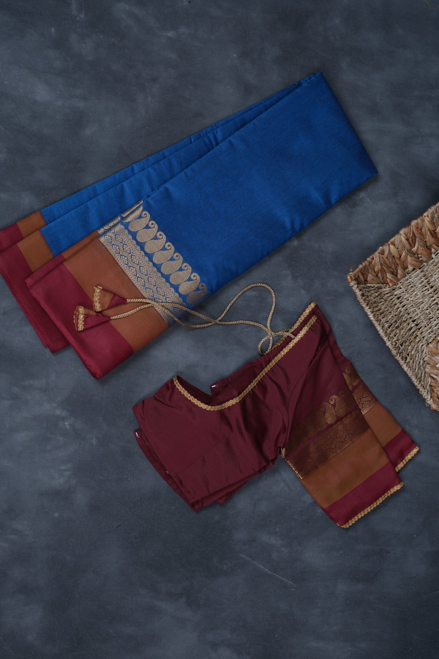 Silk Cotton Saree with Zari Border, Line Pallu and Stitched Blouse